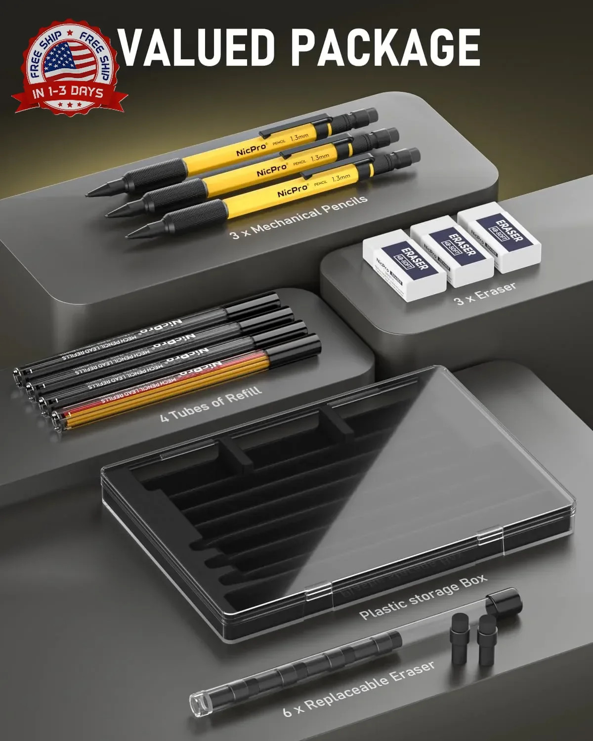 Nicpro 3 PCS 1.3 mm Mechanical Pencil Set with 48 Lead Refills, 3 Eraser – Weath
