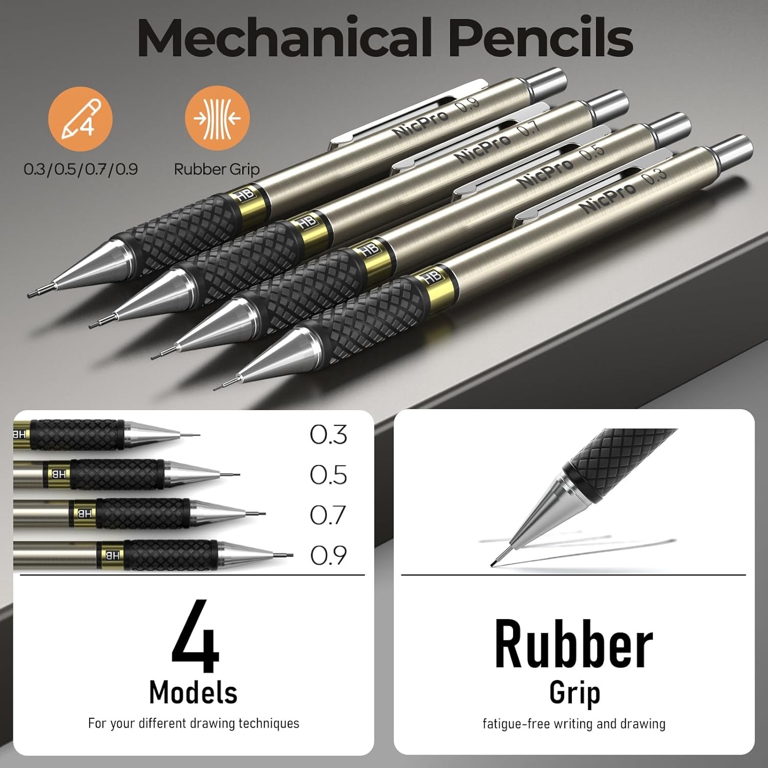 Gold Art Mechanical Pencil Set 37PCS 0.3/0.5/0.7/0.9/2.0mm Gold Pencils