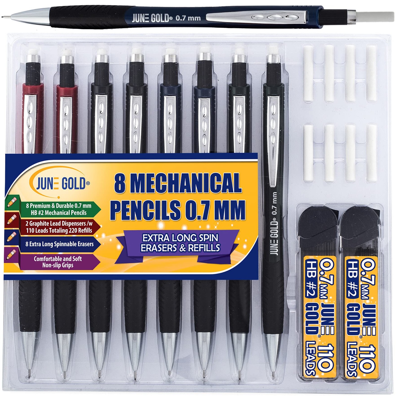 June Gold 8 Pack 0.7 mm HB #2 Mechanical 20 Piece Set, Black Graphite