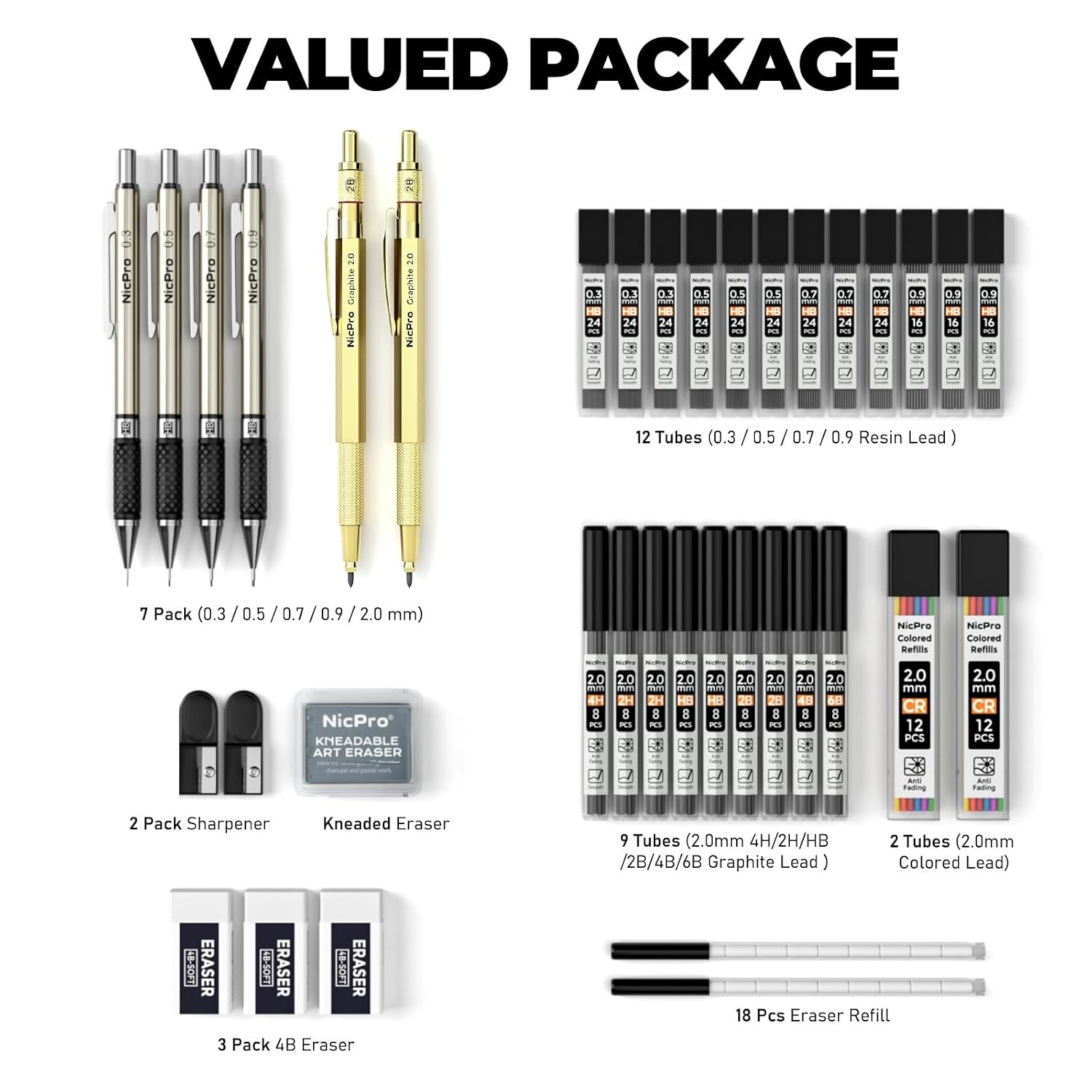 Gold Art Mechanical Pencil Set 37PCS 0.3/0.5/0.7/0.9/2.0mm Gold Pencils