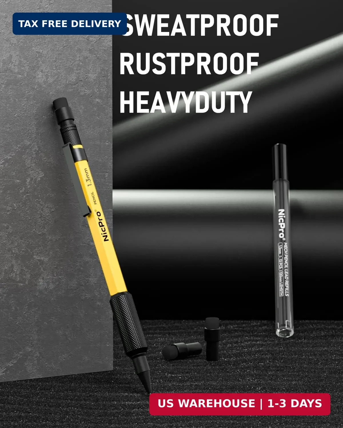 Nicpro MP2000 1.3mm Metal Mechanical Pencil Set with Case (Yellow) | 12 Black Le
