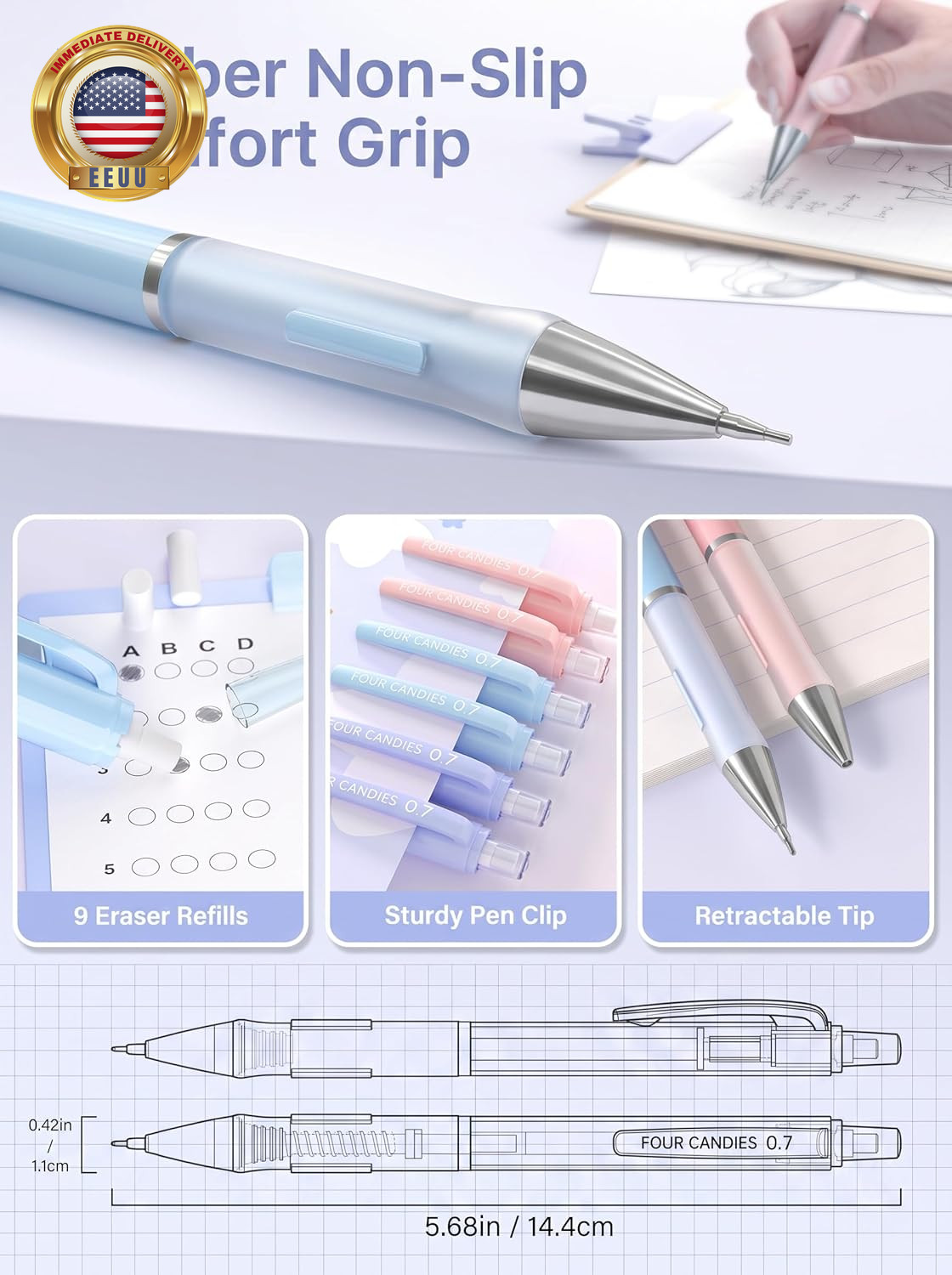 3PCS Cute Mechanical Pencils Set, 0.9Mm with 360PCS Thick Leads, Pastel Erasers
