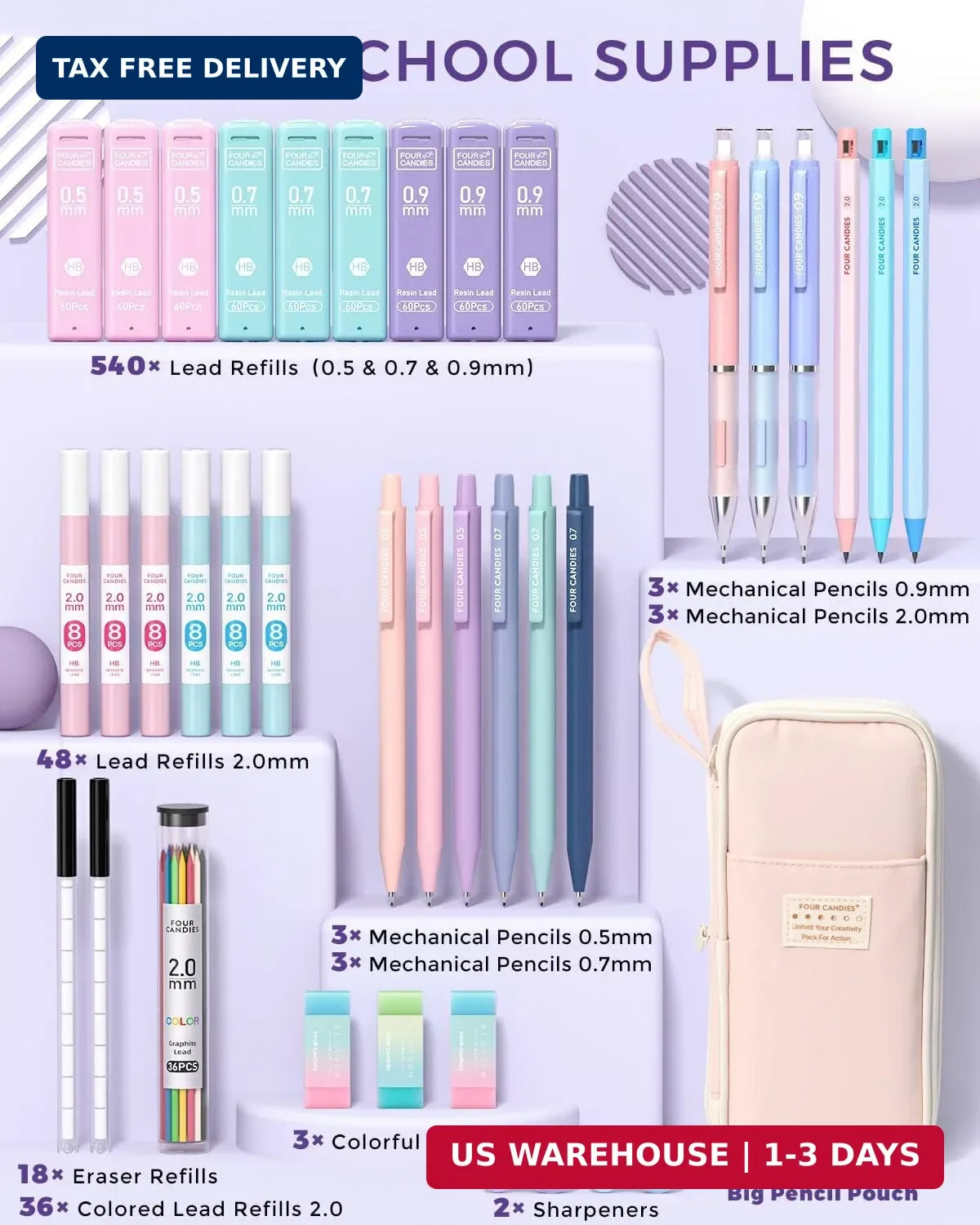 Four Candies 36PCS Aesthetic School Supplies, Mechanical Pencils 0.5mm, 0.7mm, 0