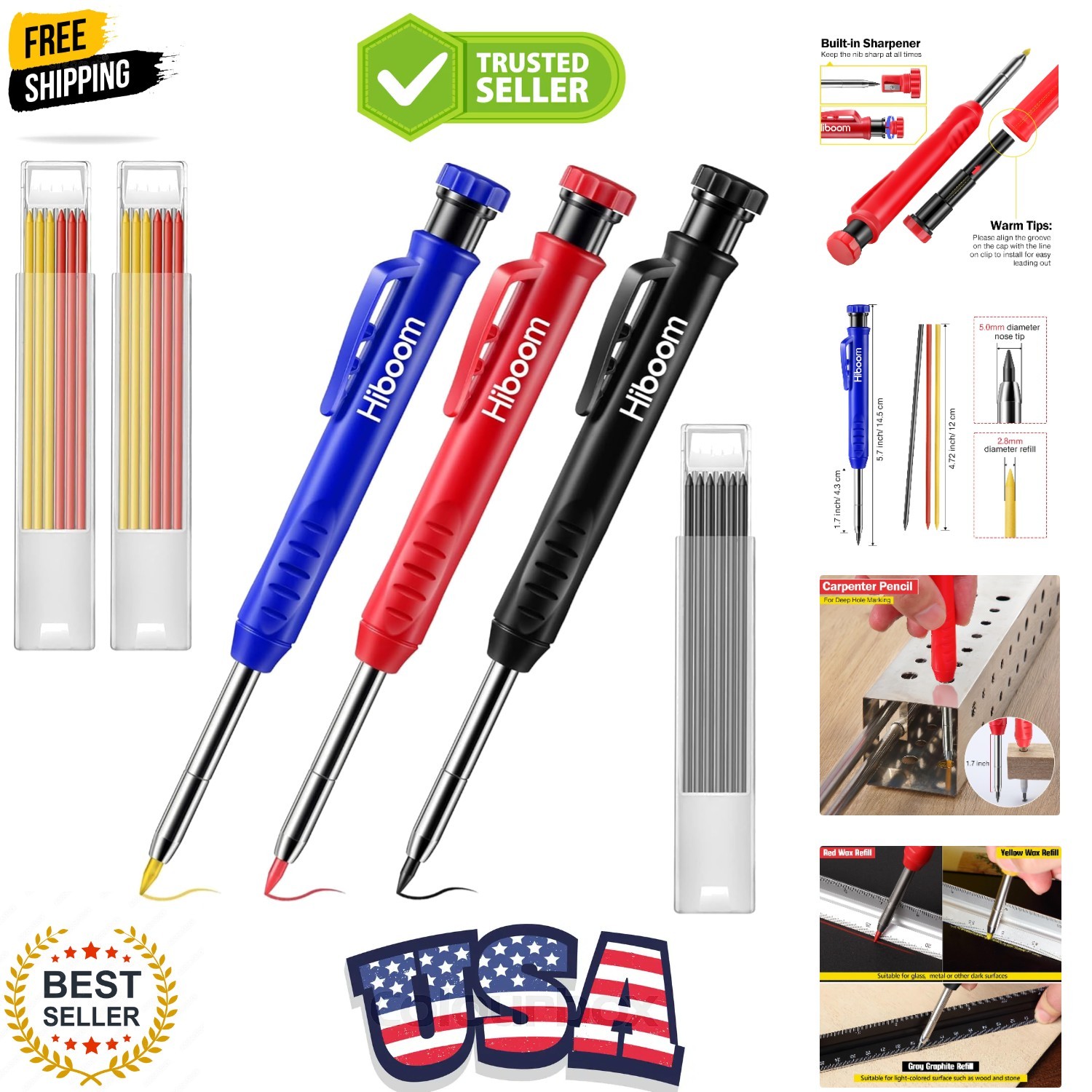 3 Pack Solid Carpenter Pencil with 21 Refill, Long Nosed Deep Hole Mechanical…