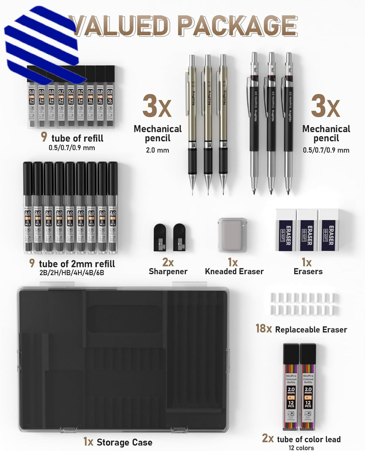 Art Mechanical Pencil Set 3 PCS Metal Drafting Pencil 0.5 mm & 0.7 mm & 0.9 35PC