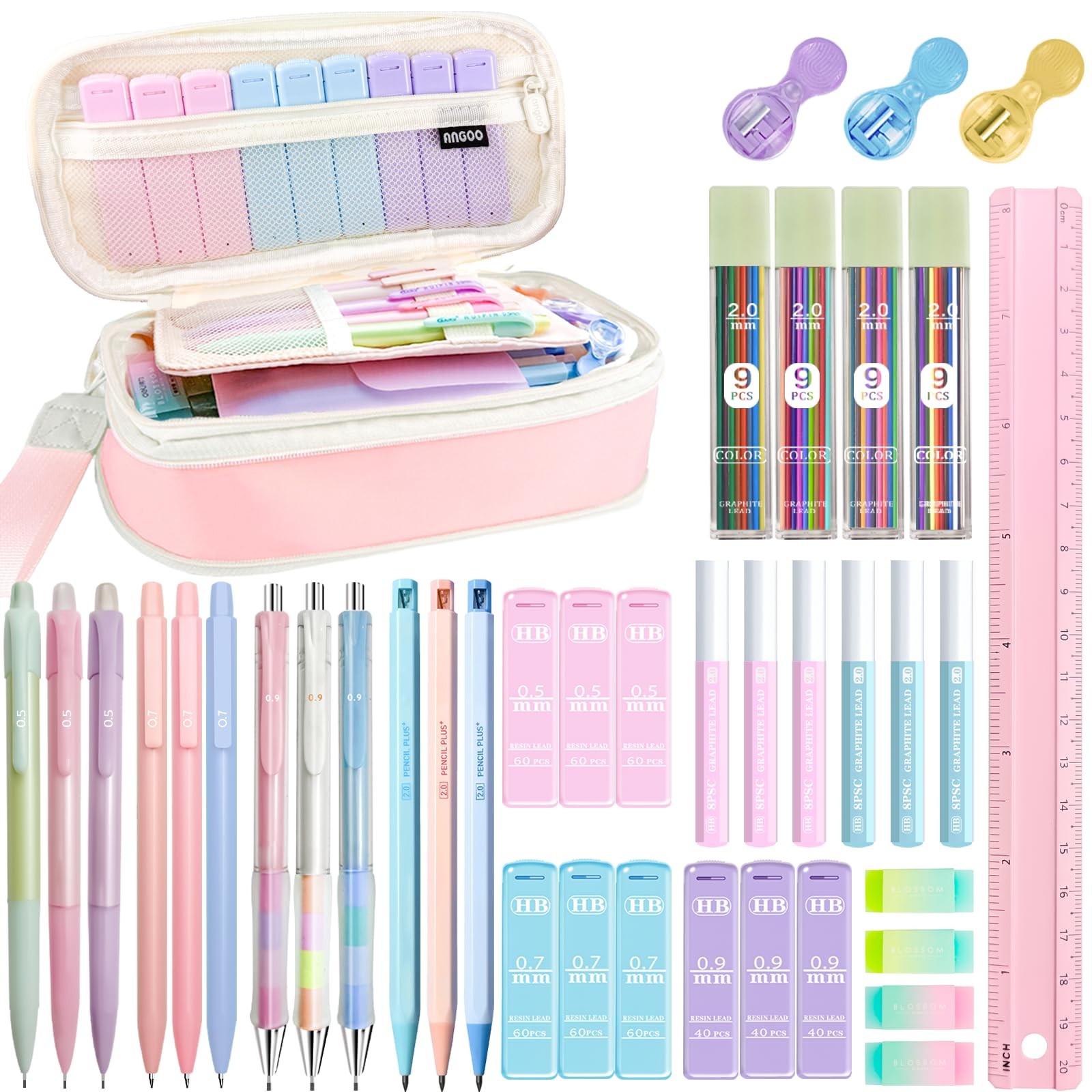 Mechanical Pencil Set with Pink Pencil Case,12X Pastel Mechanical Pencil 0.5m…