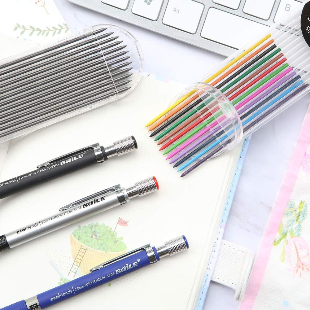 3 Pcs 2.0mm 2B Mechanical Pencils with Lead Refills Blue Black Silver New