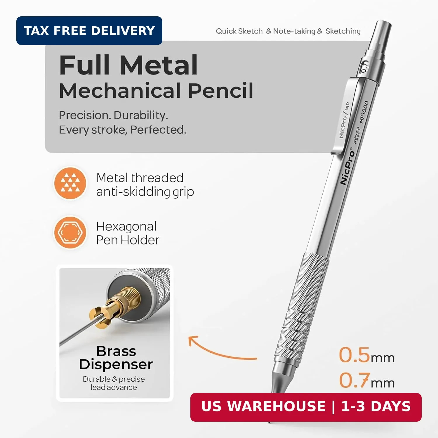 Nicpro 2 PCS Metal Mechanical Pencil 0.5mm & 0.7 mm with Case, MP1000 Pencil Set