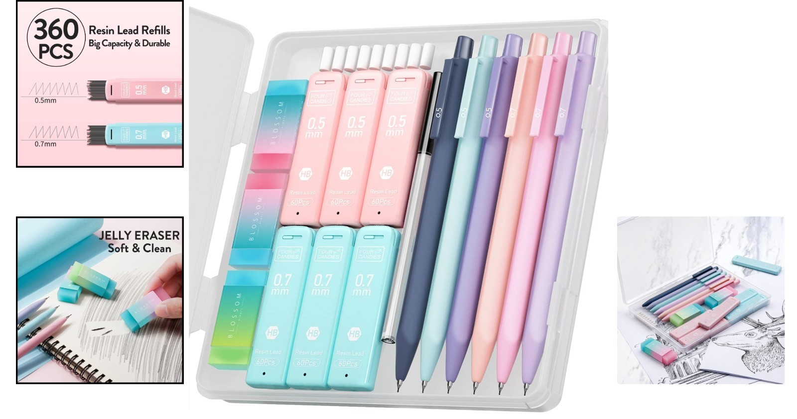 Pastel 6PCS Mechanical Pencils with 360HB Leads & Erasers – Writing Essentials