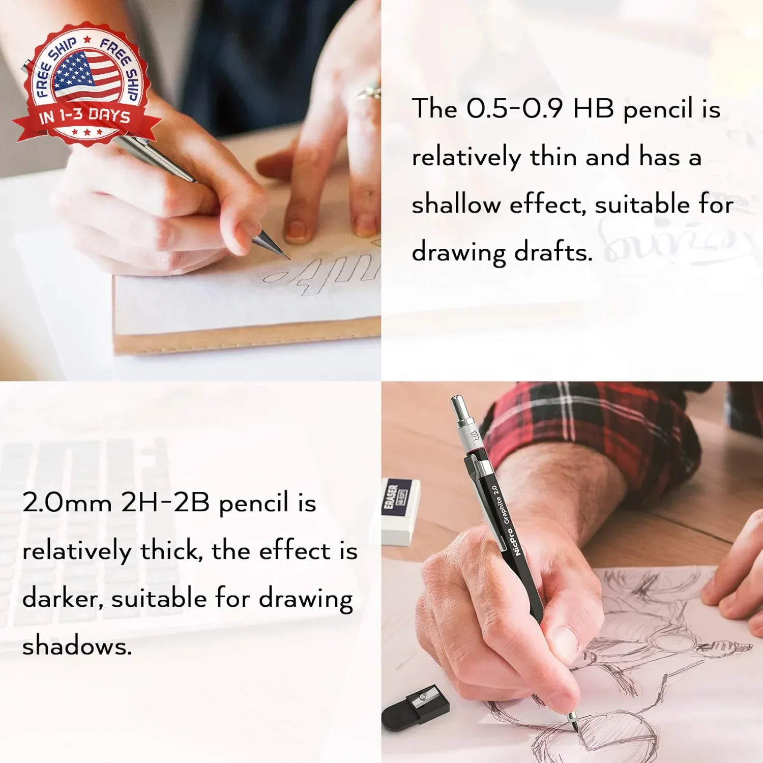 Nicpro 6PCS Art Mechanical Pencil Set, 3PCS Metal Drafting Pencil 0.5 mm & 0.7 m