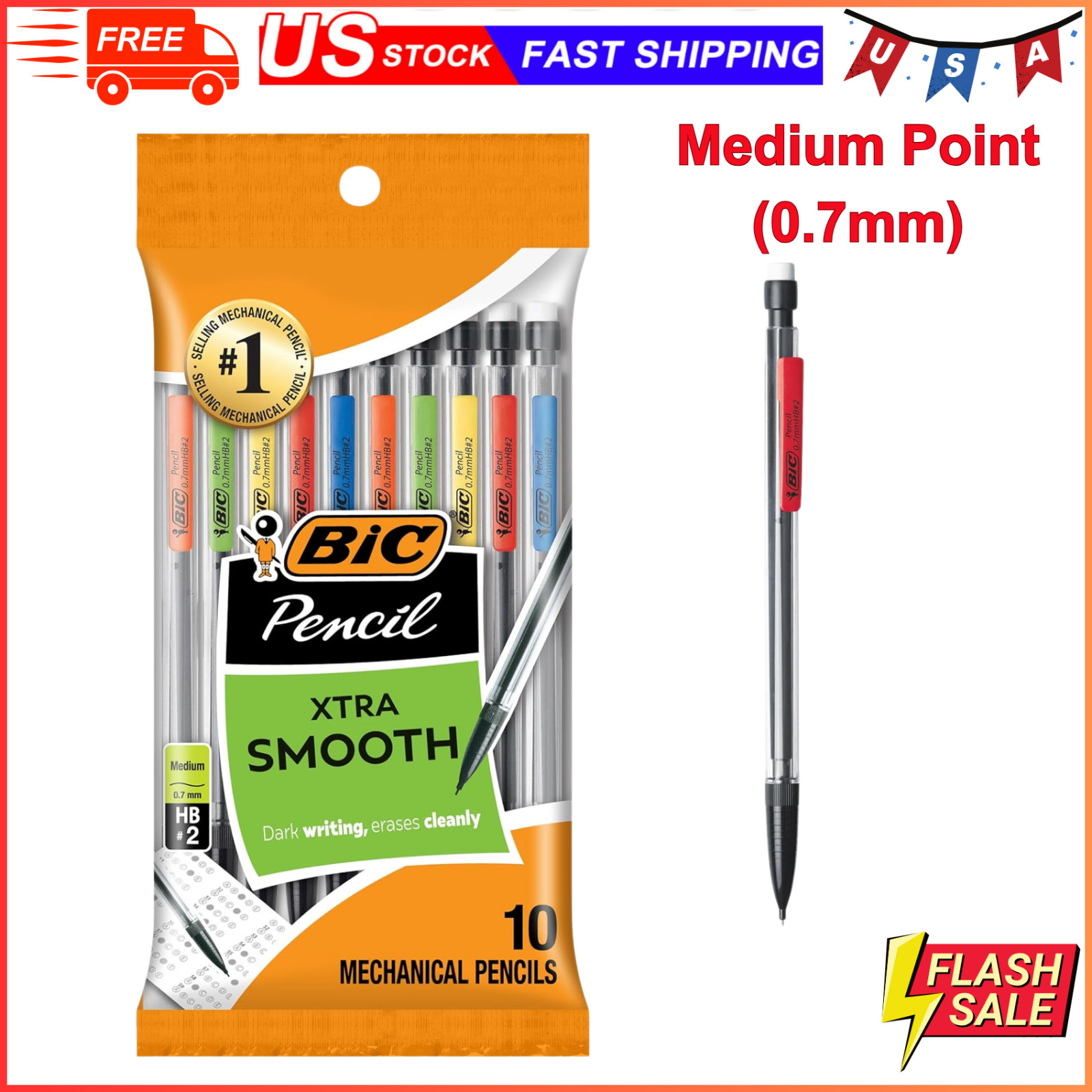 BIC Xtra-Smooth Mechanical Pencils with Erasers (Pack of 10) Black, Medium 0.7mm