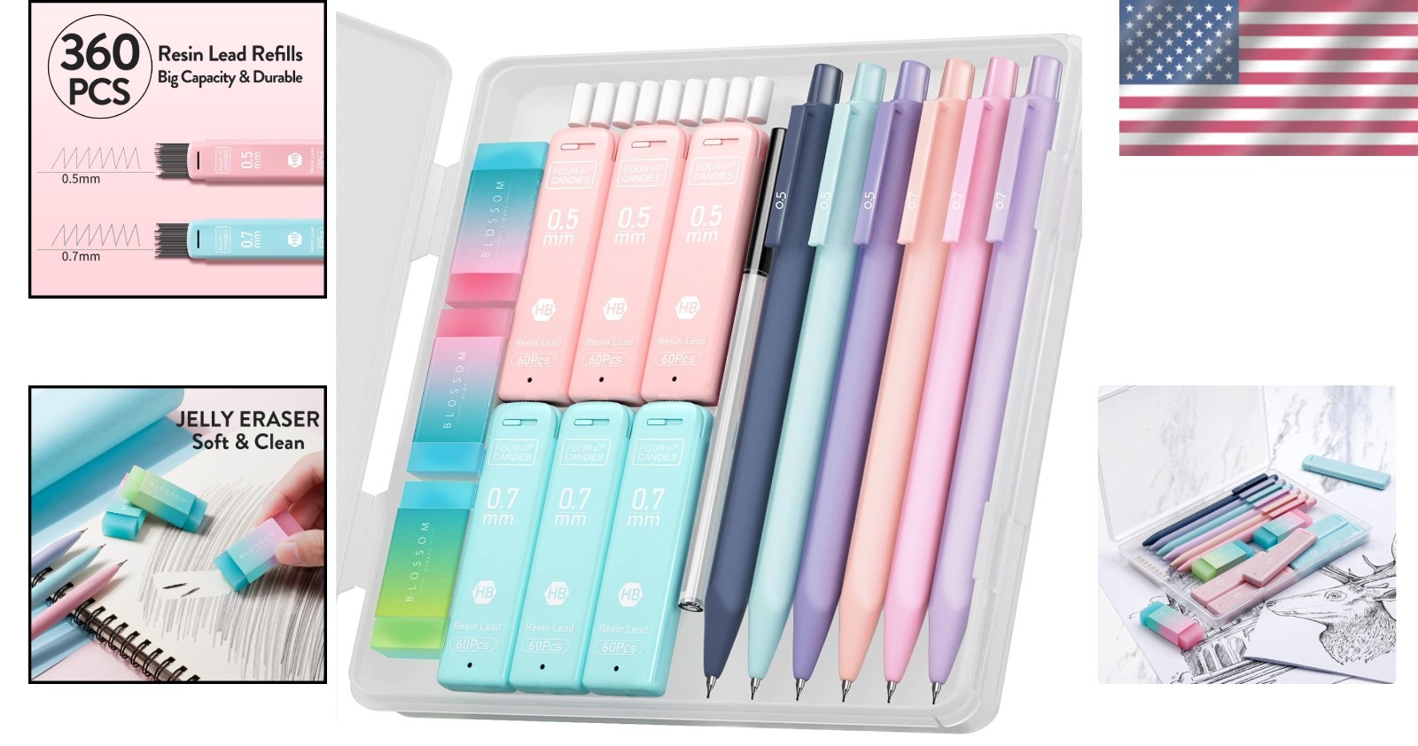 Exquisite 6PCS Mechanical Pencil Set in Pastel Colors: 0.5 & 0.7mm Nibs Included