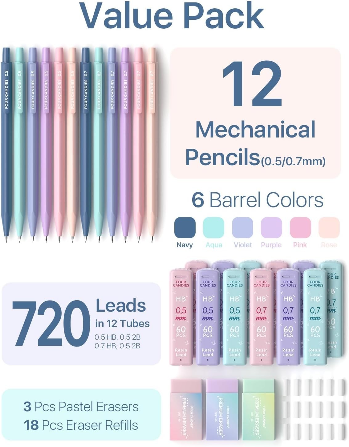 Mechanical Pencil Set 0.5 & 0.7mm Leads Erasers Case School Supplies