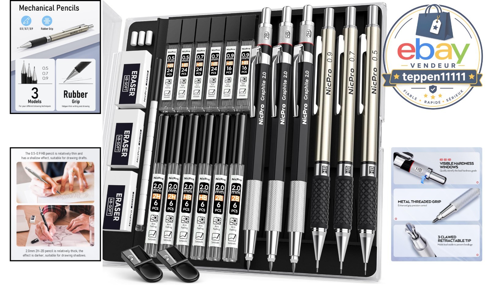 6PCS Mechanical Pencil Set 0.5mm 0.7mm 0.9mm 2mm Graphite Lead Holder