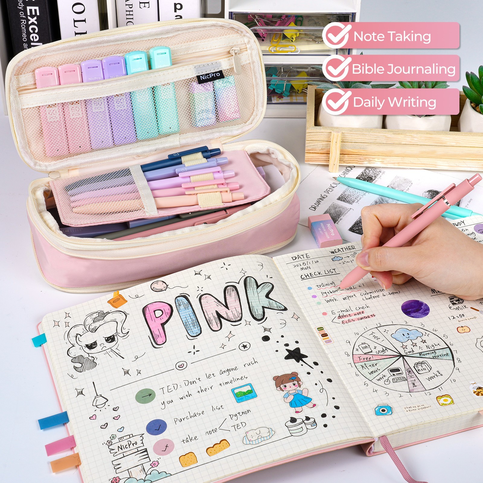Nicpro 39PCS Pink Pencil Case Set: 12 Highlighters, 5 Black Pens, 6 Pencils