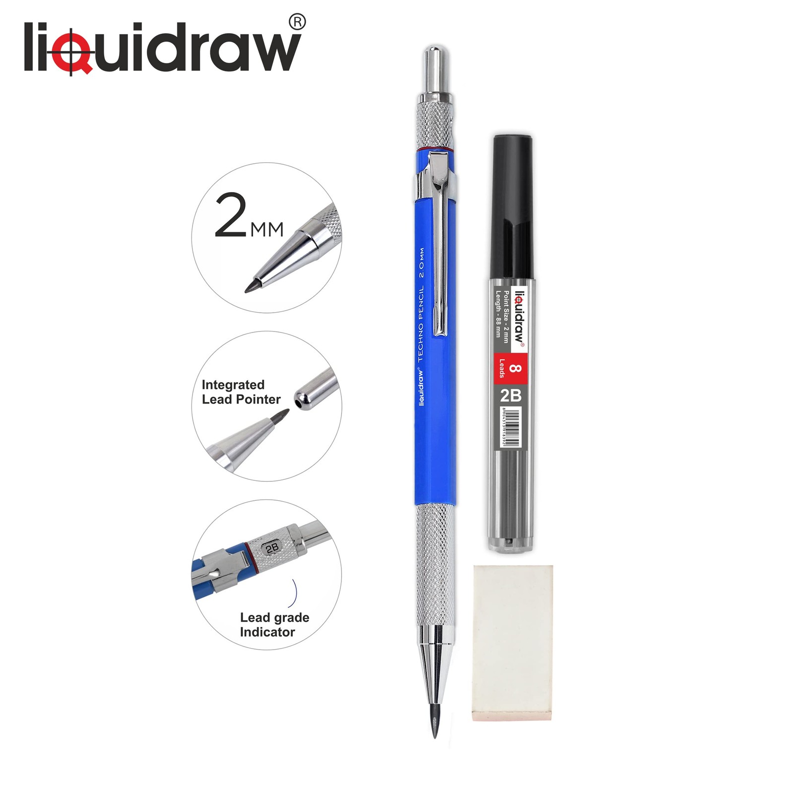 Liquidraw Mechanical Clutch Pencil & 8 x 2mm 2B 1 Count (Pack of 1), Blue