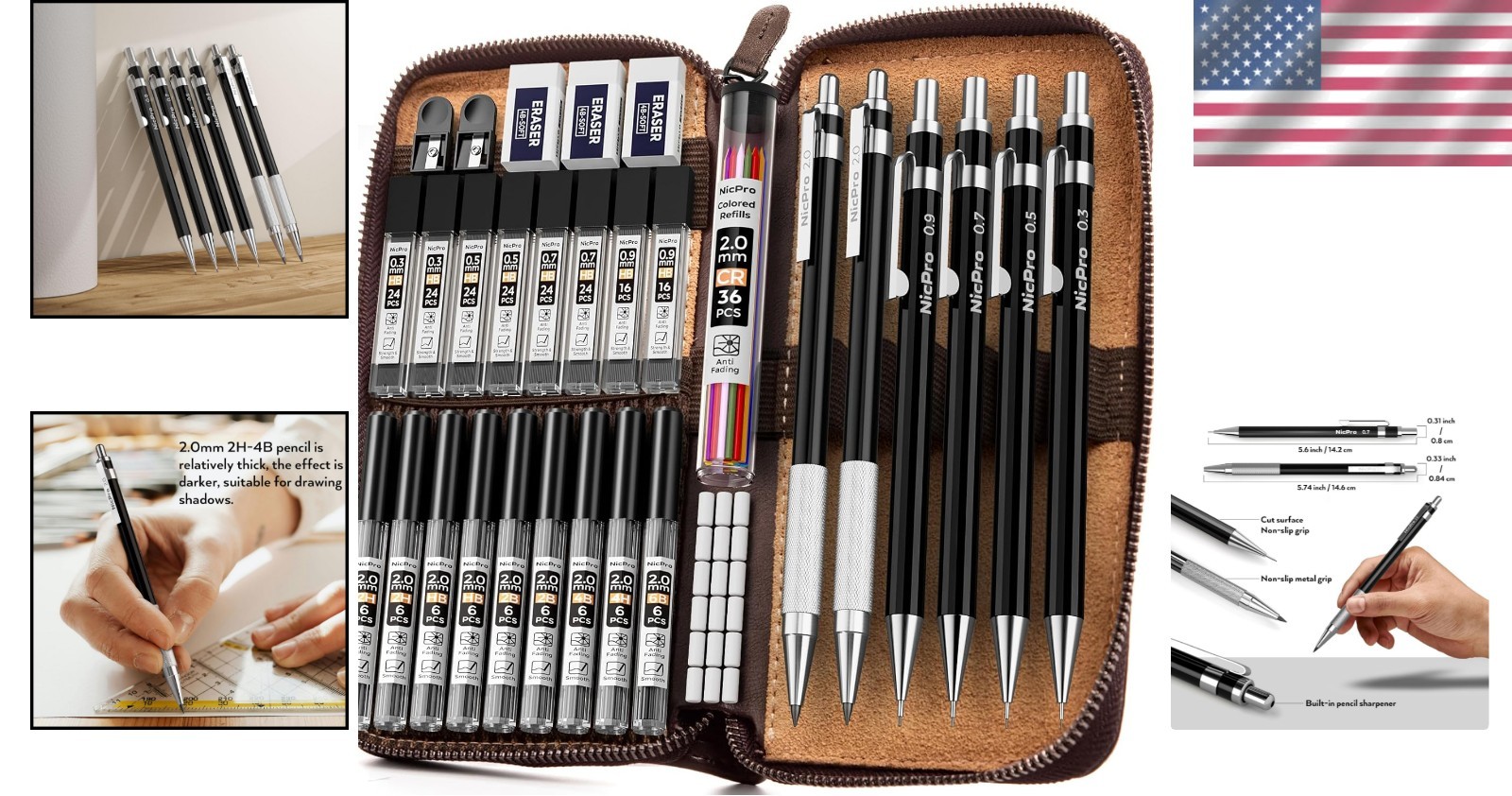 33PCS Metal Mechanical Pencil Set for Artists in an Elegant Leather Case