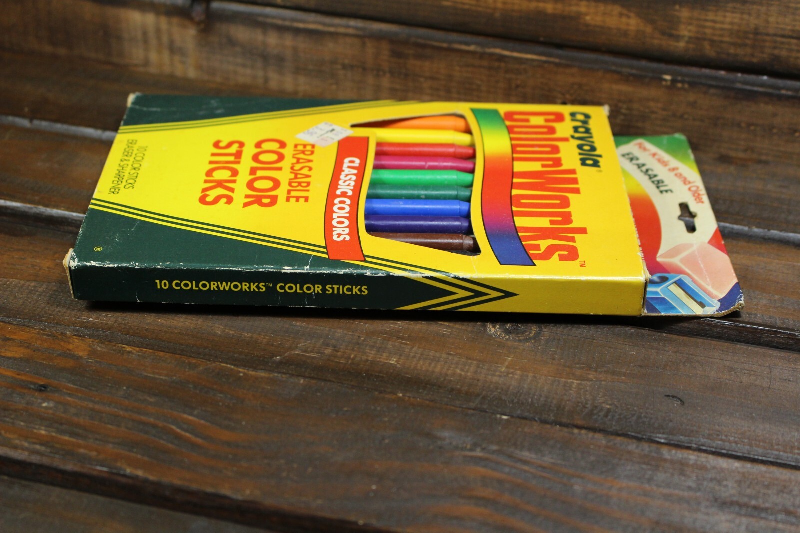 VTG 1988 Crayola ColorWorks 10 Color Erasable Crayon Sticks w/ Sharpener