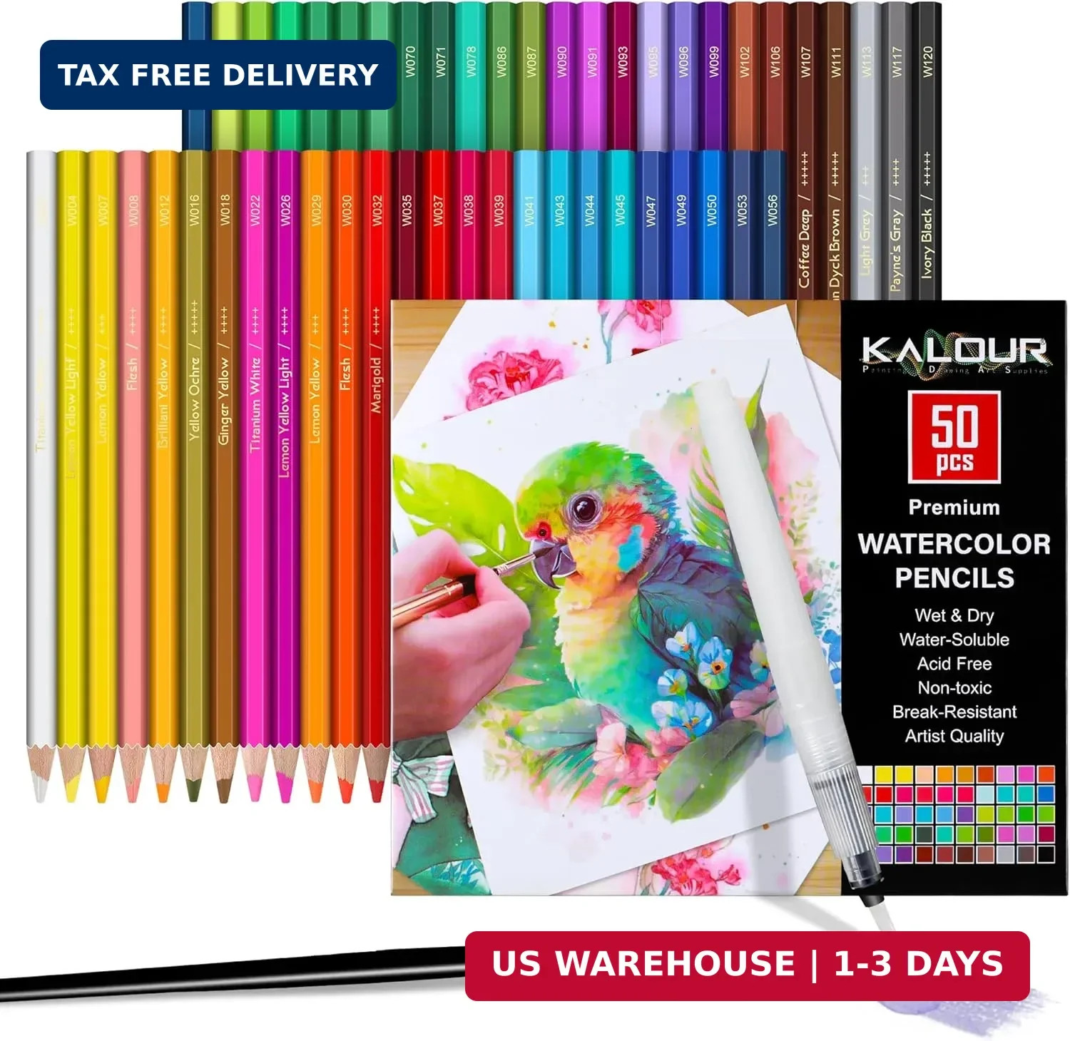 KALOUR Watercolor Pencils,50 Colors, Blendable Wet or Dry, Ideal for Coloring Bo