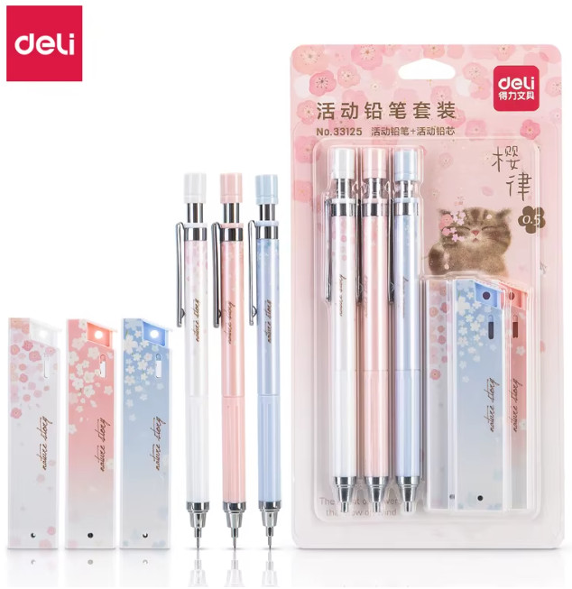 DELI Mechanical Pencil Set With HB Lead Replacement Retractable Refill Students