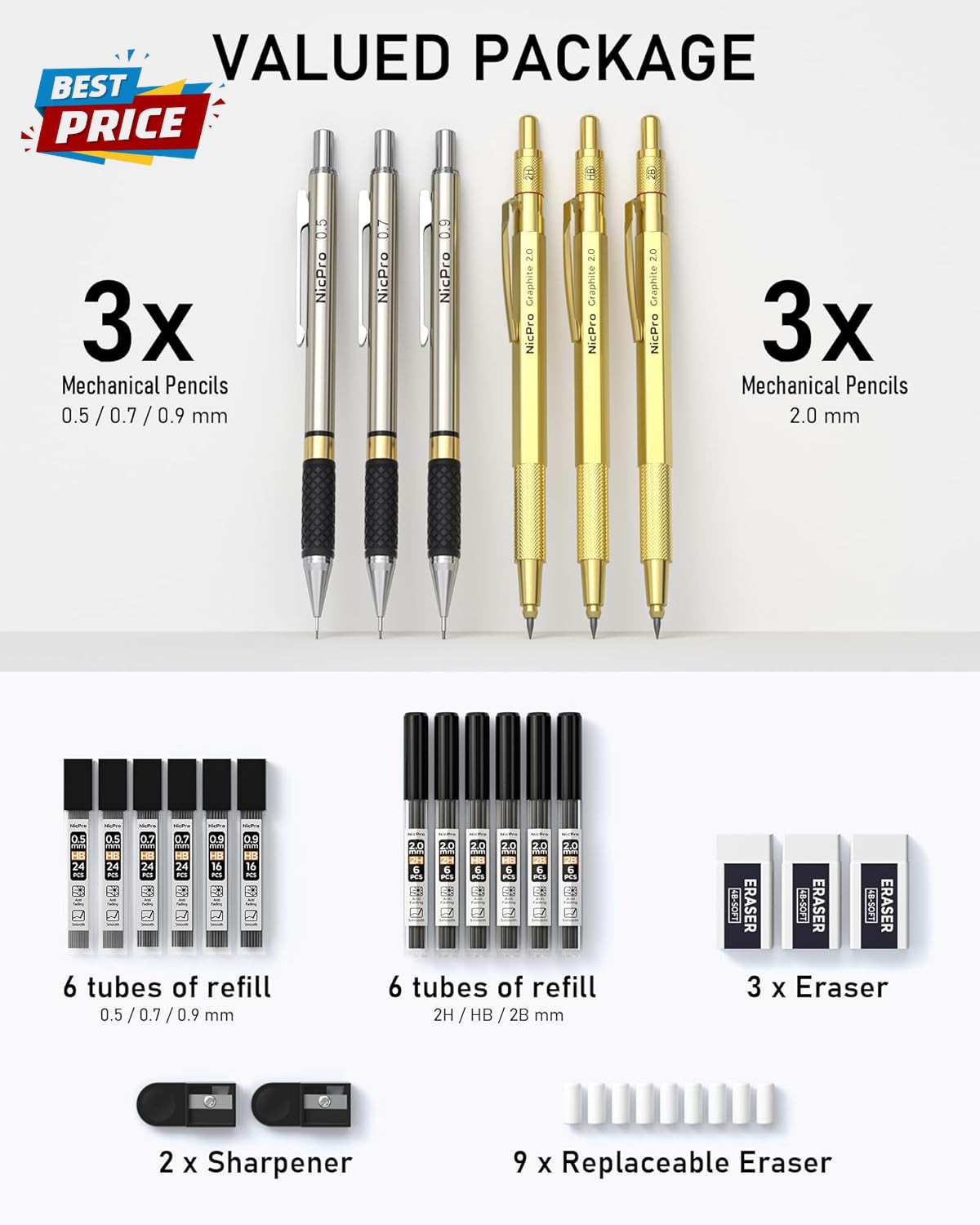 Gold Art Mechanical Pencil Set, Metal Drafting Pencil 0.5, 0.7, 0.9Mm & 2Mm Lead
