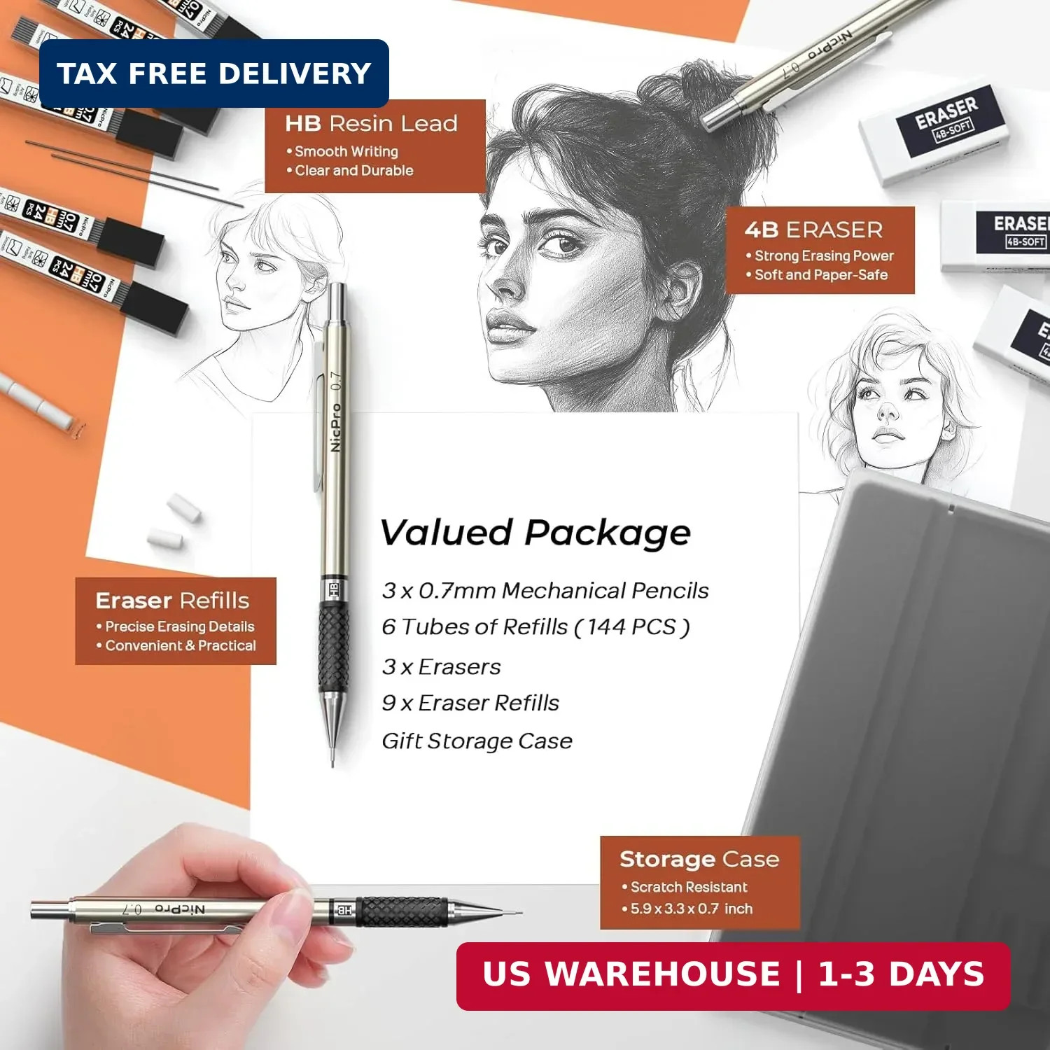 Nicpro 0.7 mm Art Mechanical Pencil Set in Storage Case, 3 PCS Metal Drafting Pe
