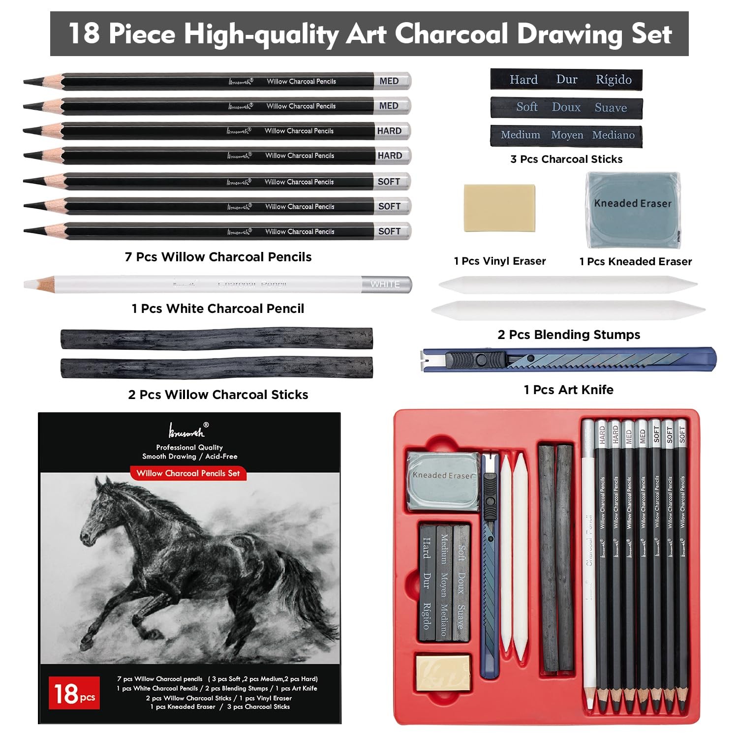 Brusarth Charcoal Pencils for Drawing, 18 Pcs Art Pencil Kit, Black,White