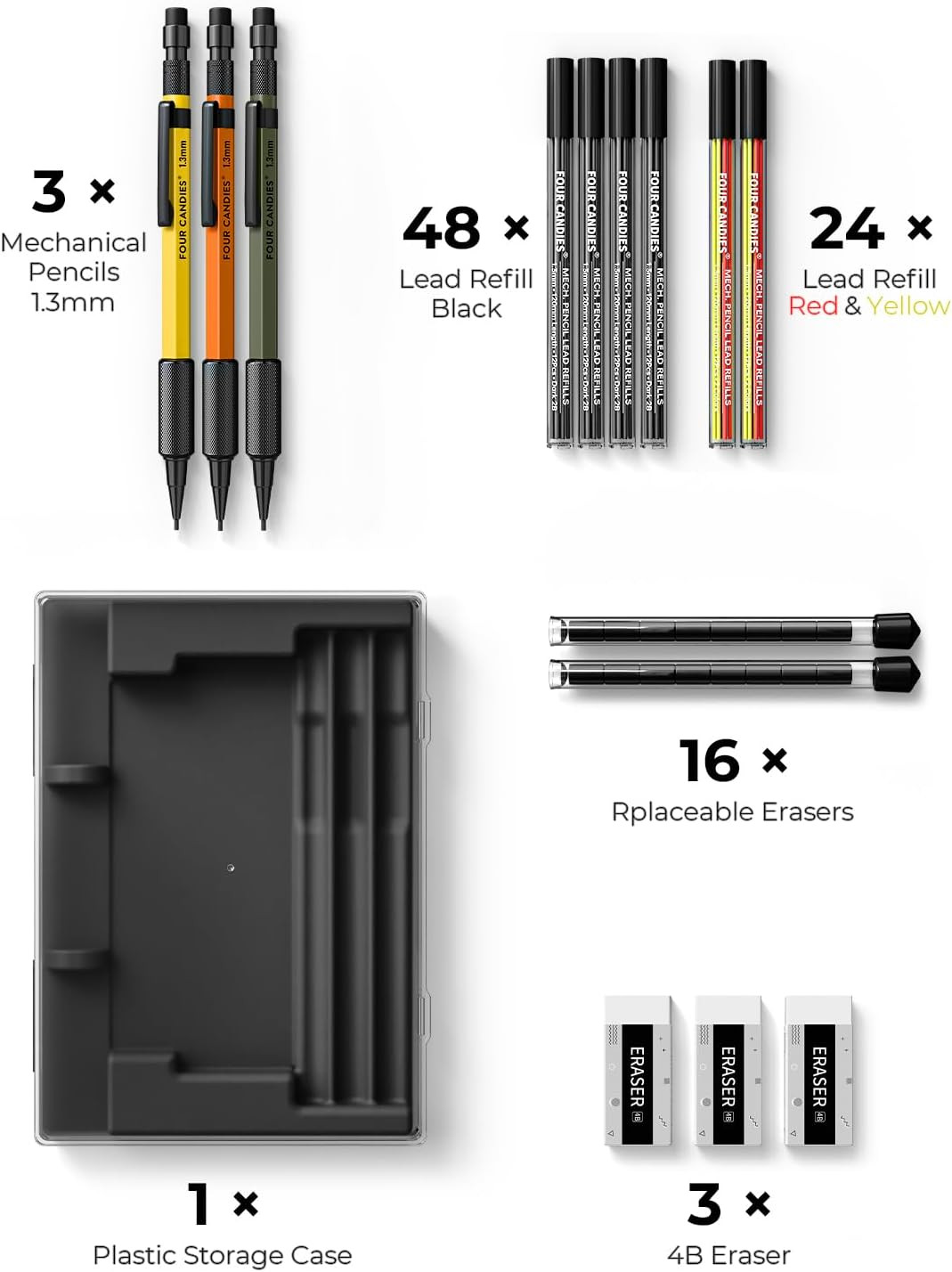 1.3Mm Mechanical Pencil Set with 72 Lead Refills, 3PCS Metal Weatherproof Body H