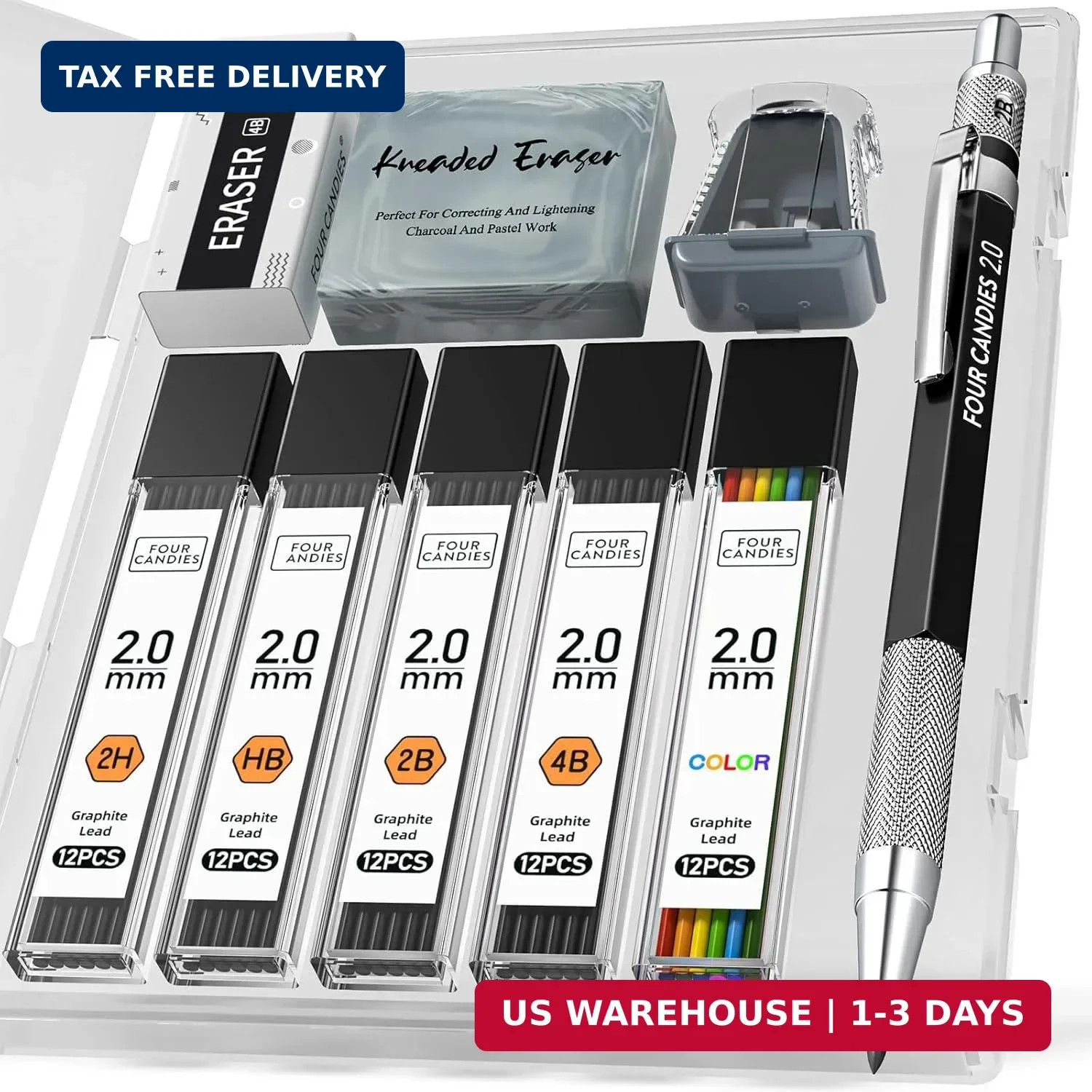 Four Candies 2MM Mechanical Pencil Set with case, Artist Led Pencil Metal Lead H
