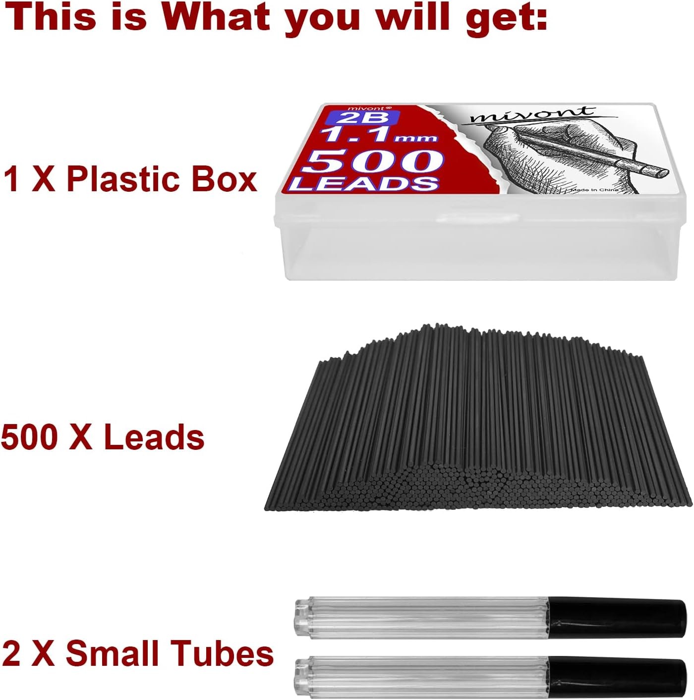 500 X 1.1mm 2B Mechanical Pencil Refill Plastic 500 Count (Pack of 1), Black
