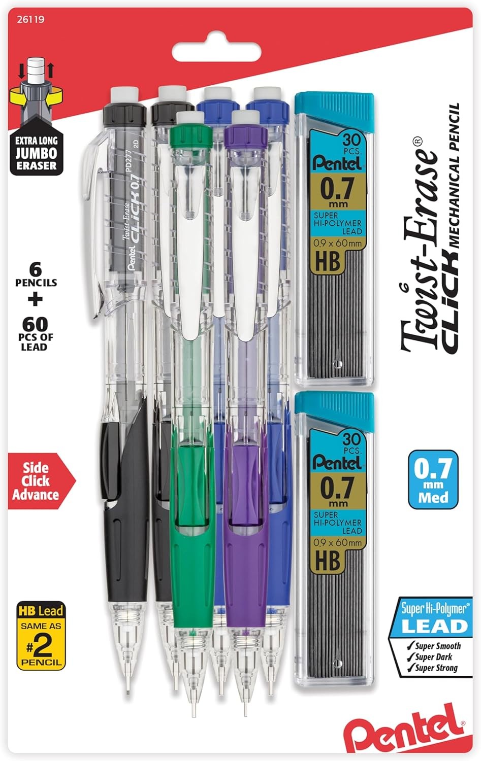 Pentel Twist-Erase Click Mechanical Pencil (0.7mm), Pack of 6 Pencils with 2 Pac