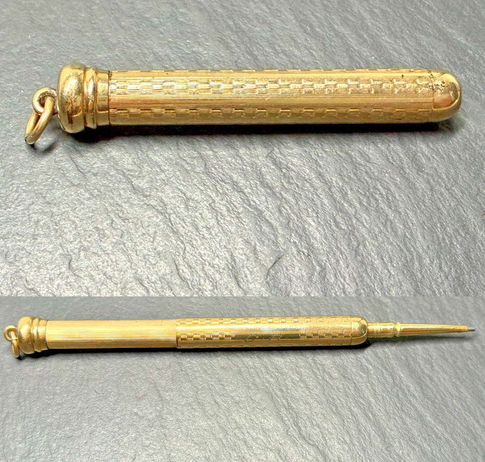 ANTIQUE GOLD FILLED TELESCOPING MECHANICAL PENCIL WITH LOOP, MONOGRAM N1006
