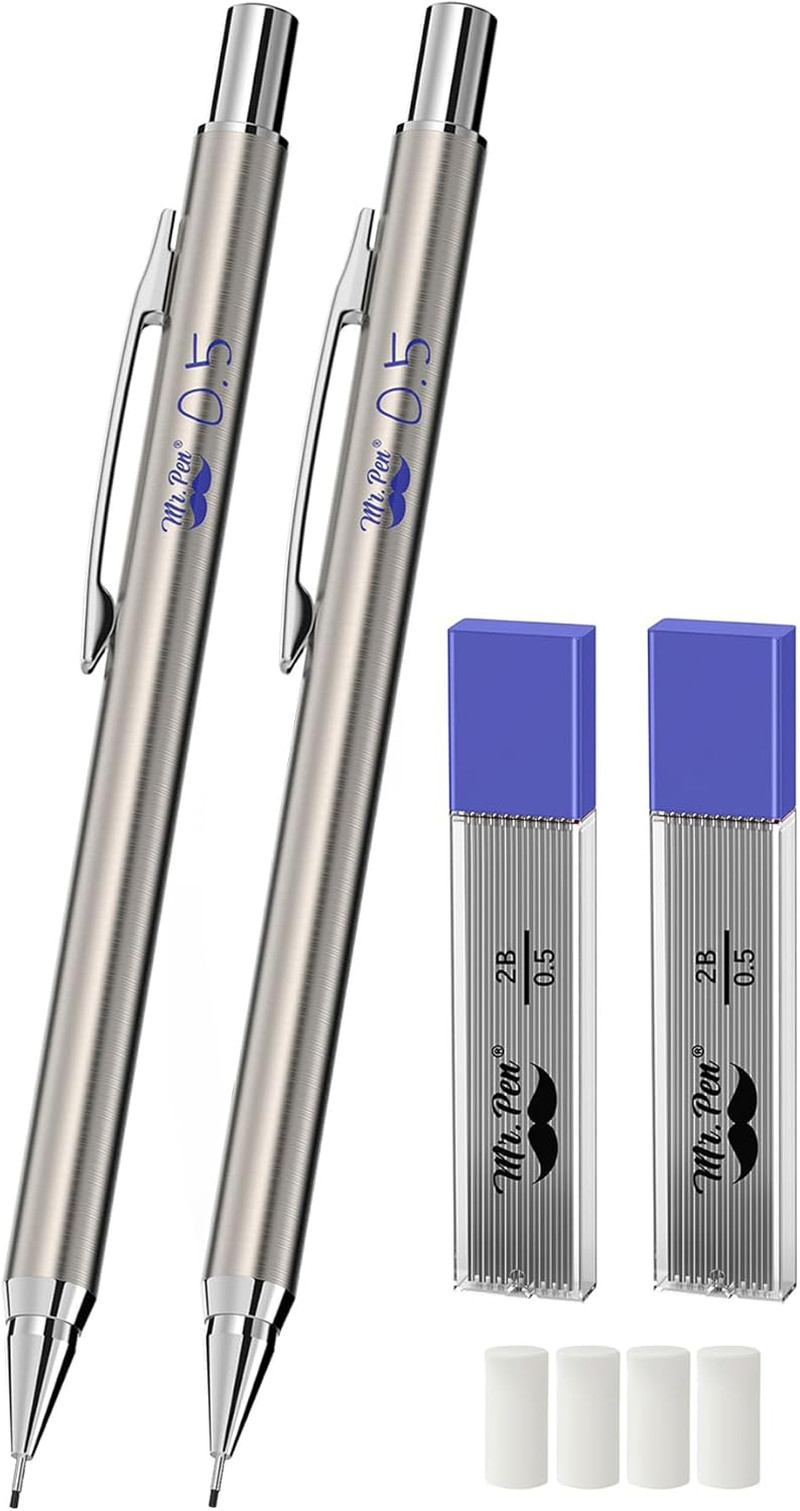 – Metal Mechanical Pencil Set with Lead Refills & Erasers, 2 Pack | 0.5mm, 4x Tu