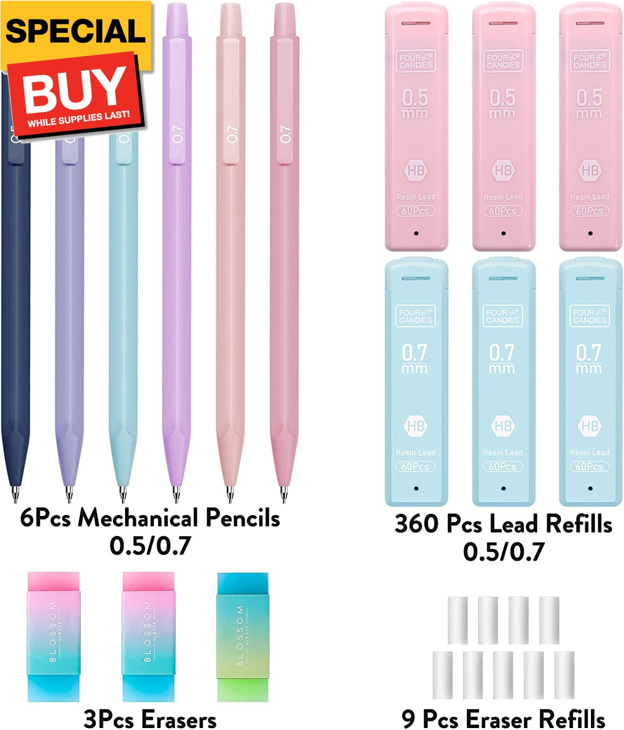 Cute Mechanical Pencil Set, 6PCS Pastel Mechanical Pencils 0.5 & 0.7mm with 360P