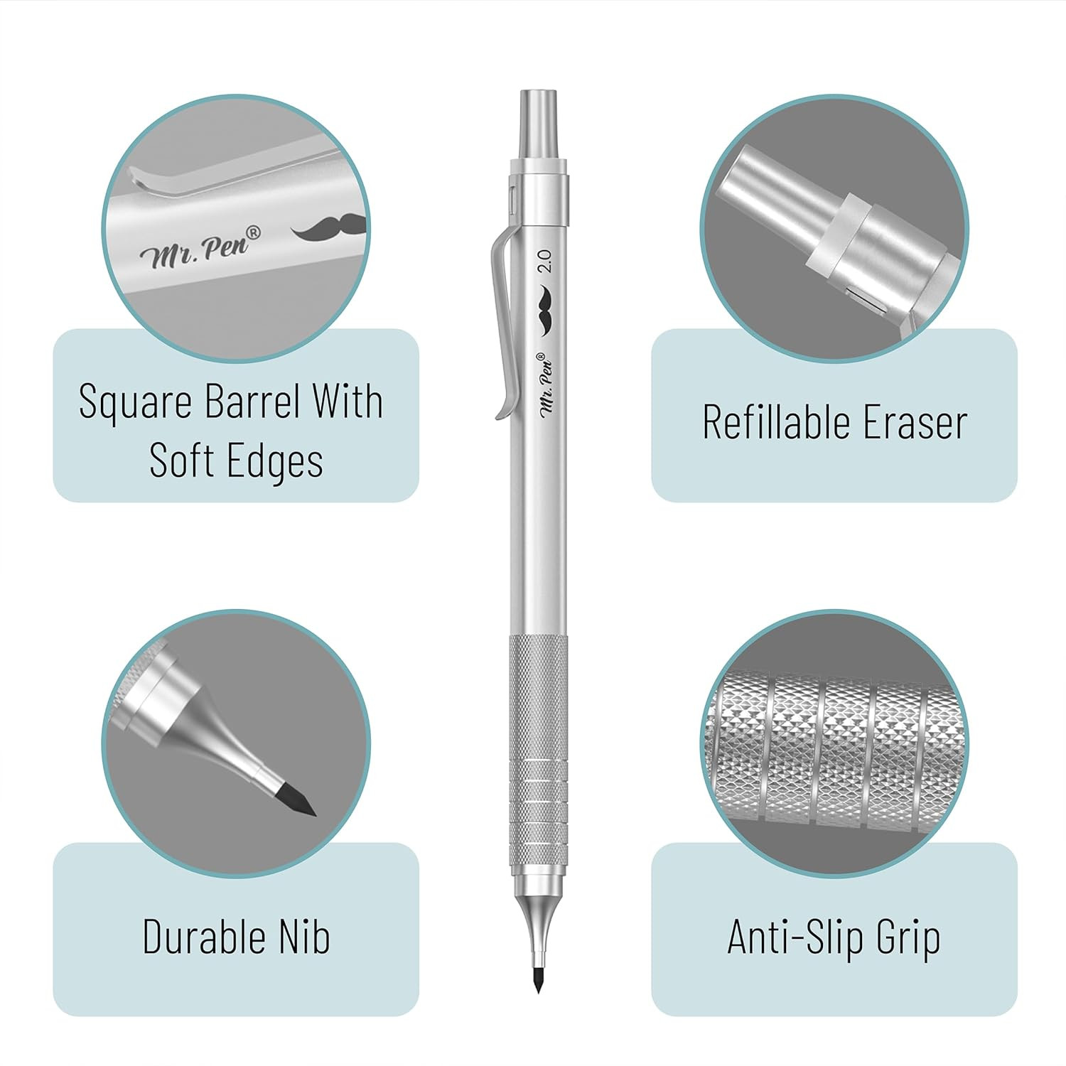 – Metal Mechanical Pencil Set, 5 Sizes, 0.3, 0.5, 0.7, 0.9, 2Mm, Mechanical Penc