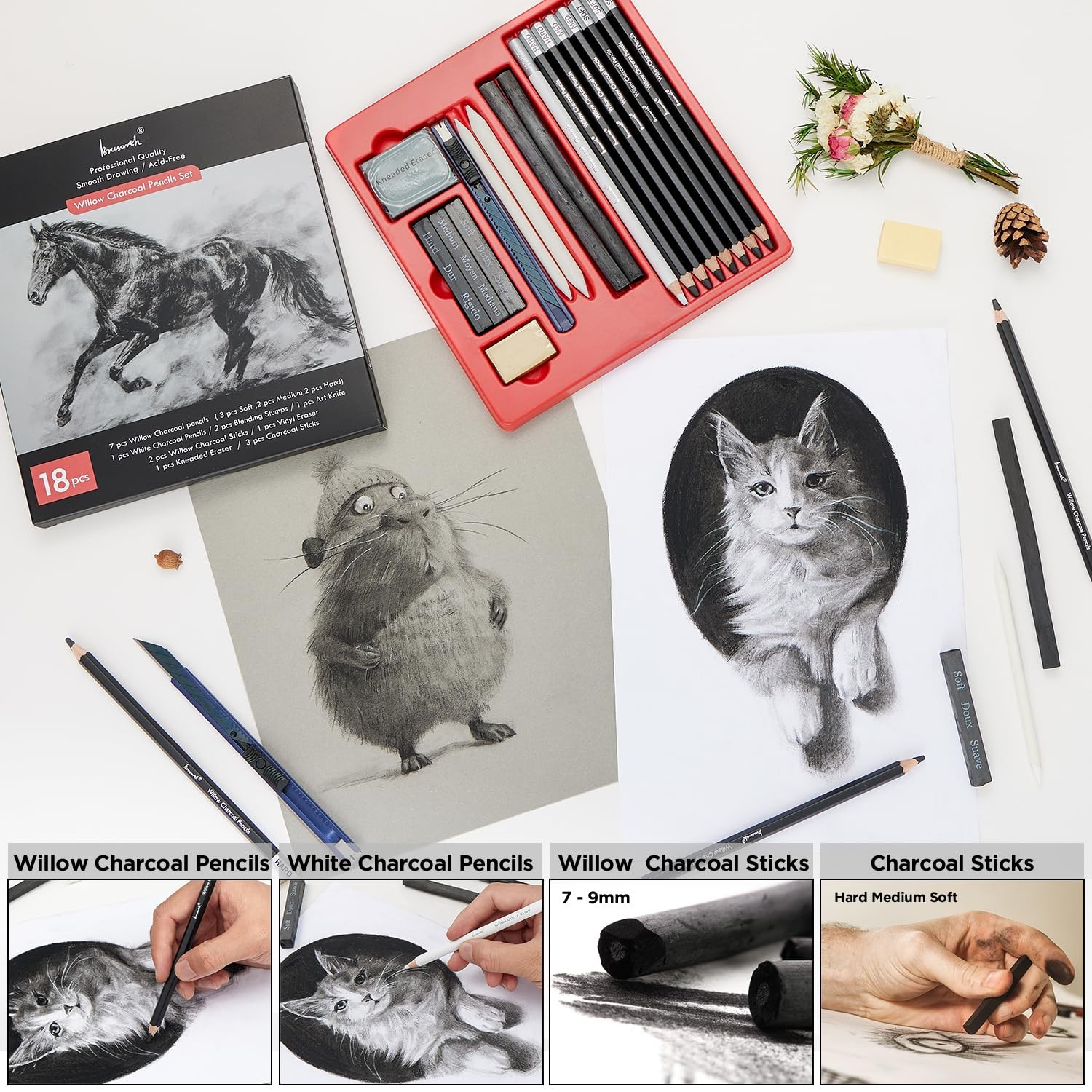 Brusarth Charcoal Pencils for Drawing, 18 Pcs Art Pencil Kit, Black,White
