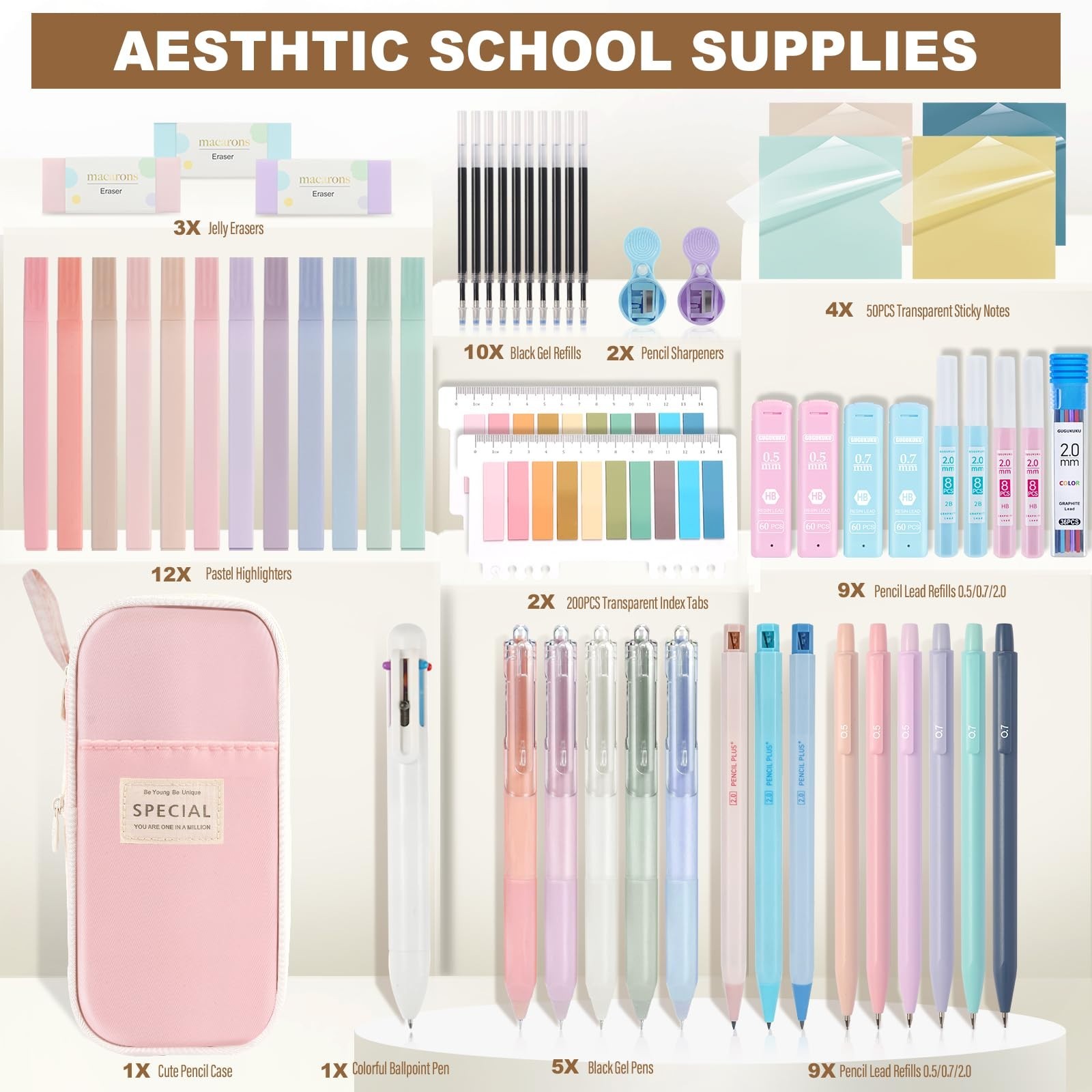 58 PCS Aesthetic School Supplies Set – Cute Pencil Case, Pastel Highlighters, Ge