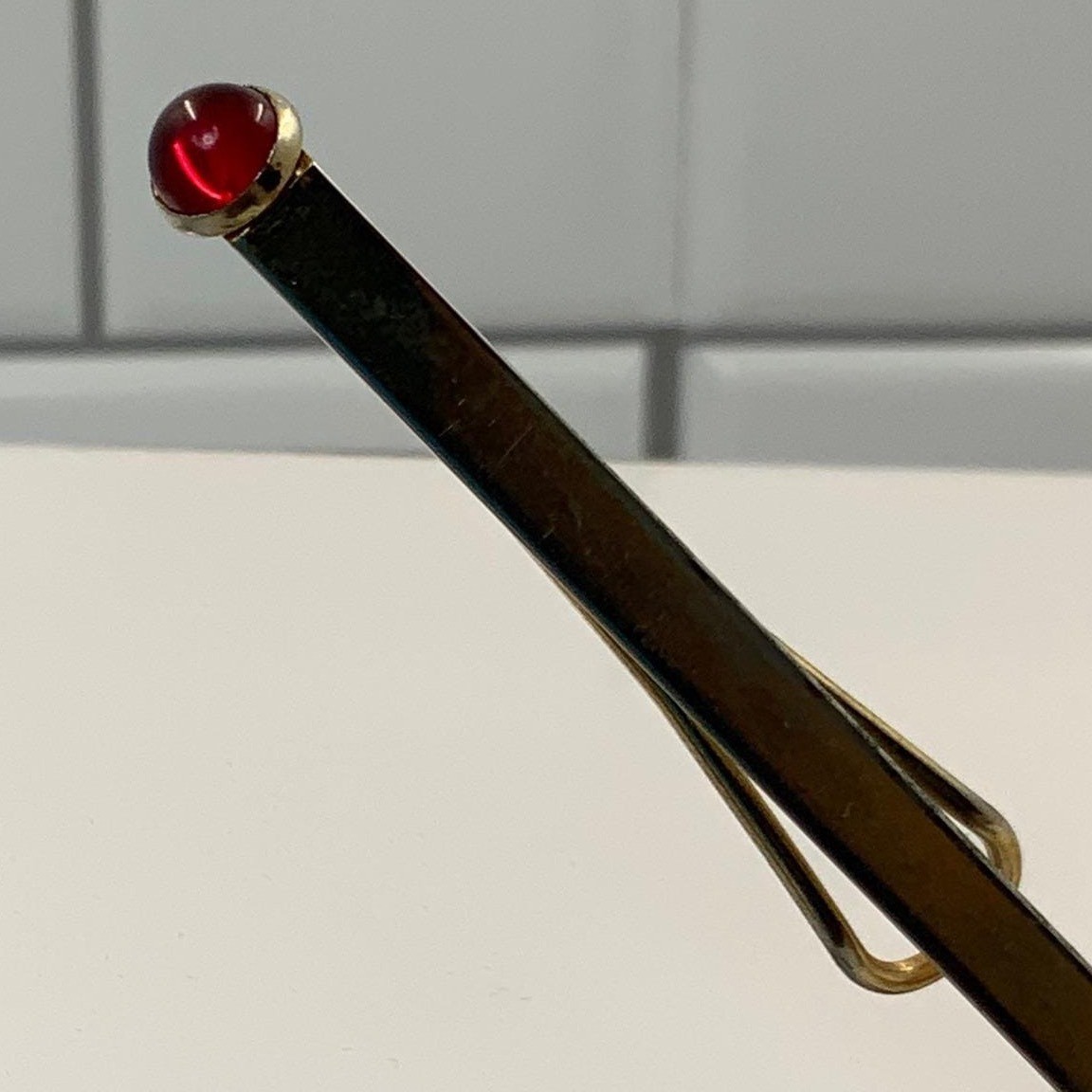Vintage Hexagonal Tie Clip Mechanical Pencil Gold Tone Red Jewel 2.75in