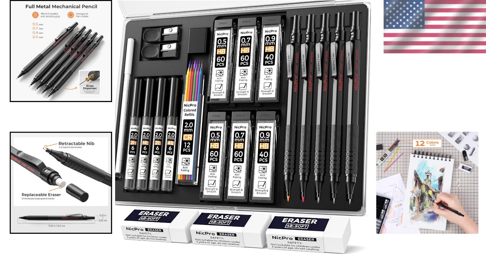 Black Metal Drafting Pencil Set – 22PCS with Ergonomic Grip & 4 Hardness Levels