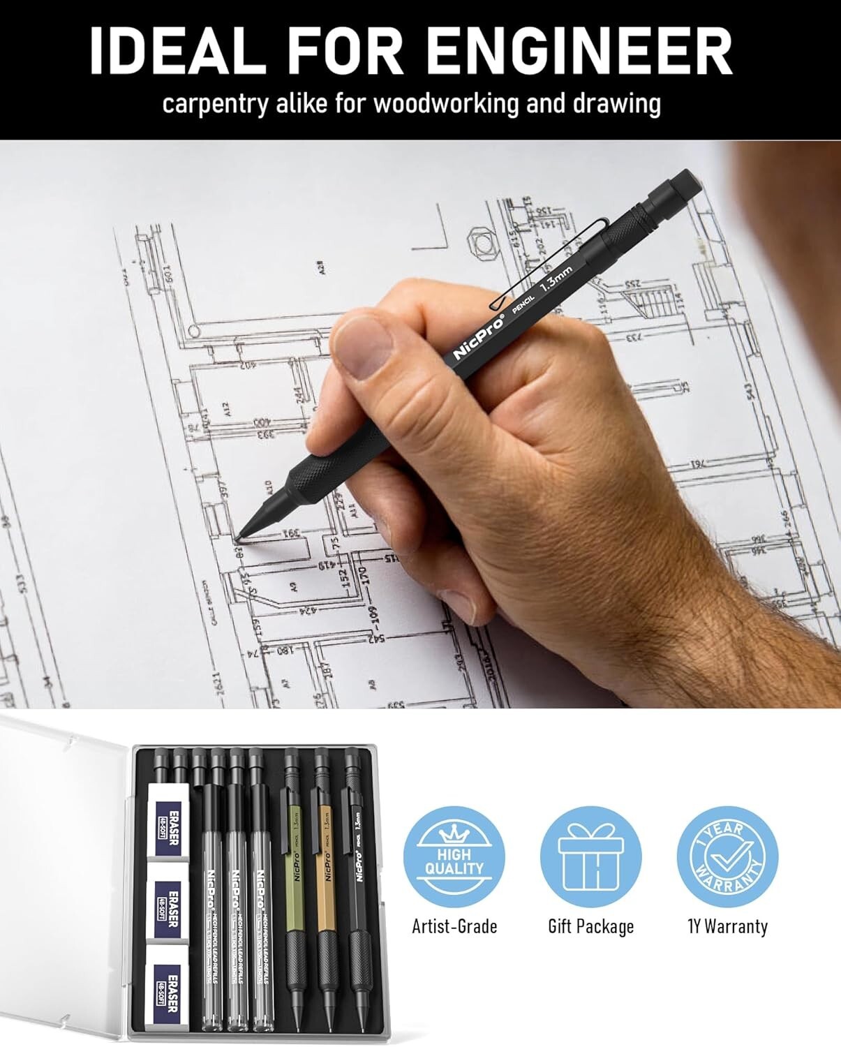 Nicpro 3 PCS 1.3 mm Mechanical Pencil Set 3 Colors with 36 Lead Refill 3 Eraser