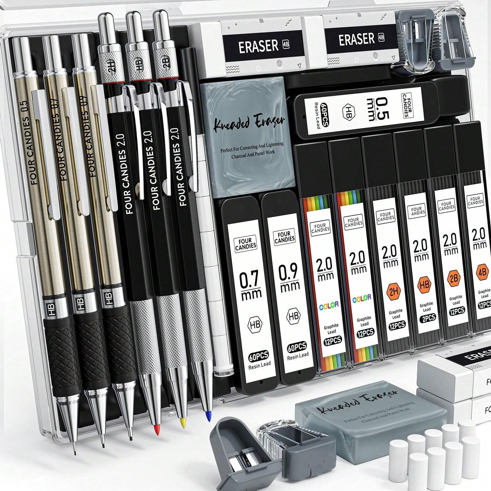 25PCS Drawing Mechanical Pencil Set 432 Lead Refills Case 0.5 0.7 0.9 2mm