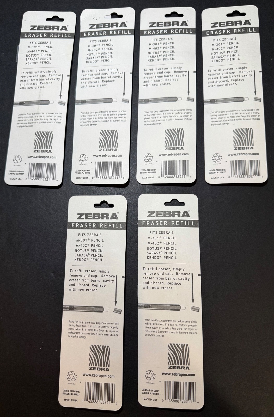Zebra Pencil Eraser Refill 7-count (6 Packs) Mechanical M-301 M-402 Brand New