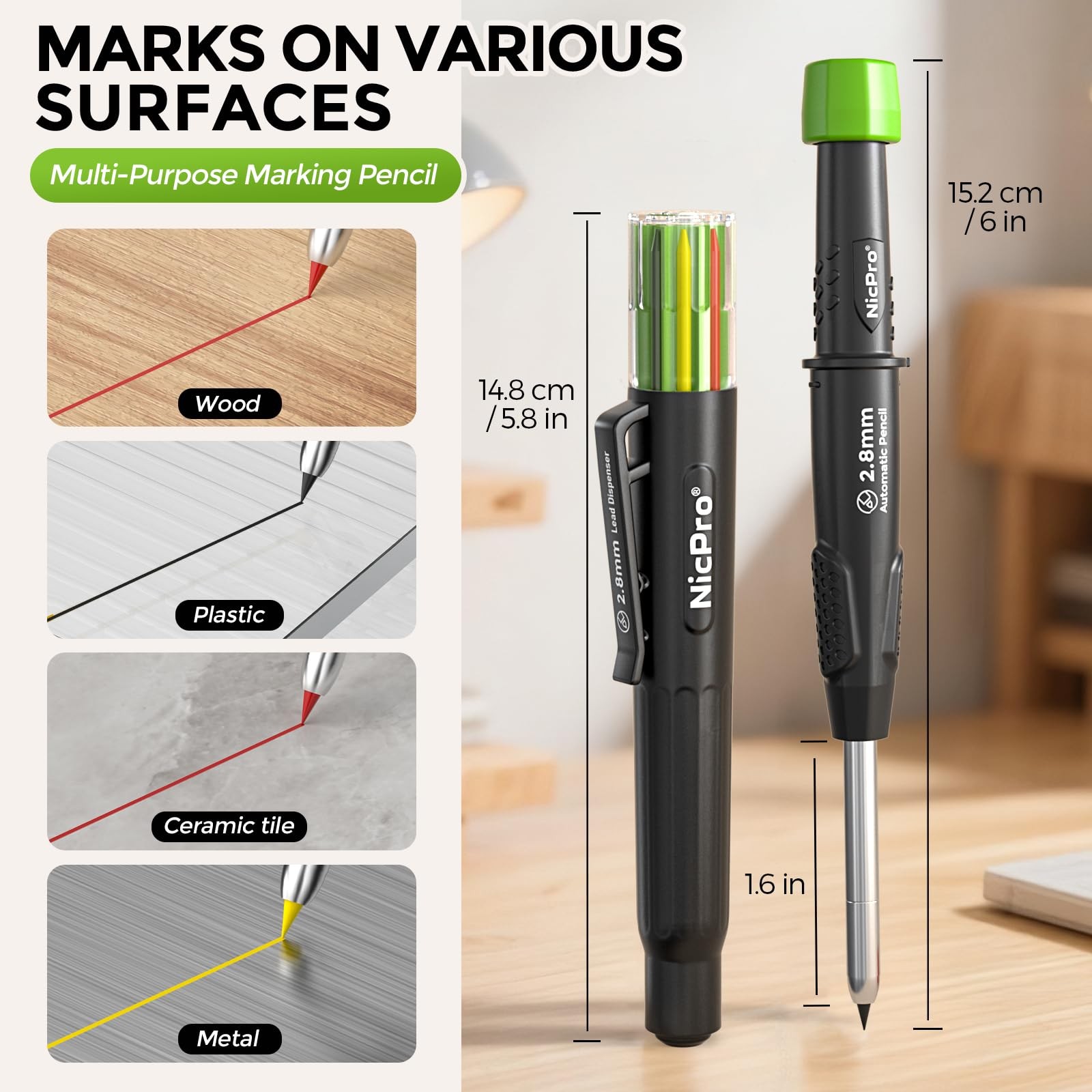Nicpro Carpenter Pencil with Sharpener, CP3000 1 Count (Pack of 5), Black