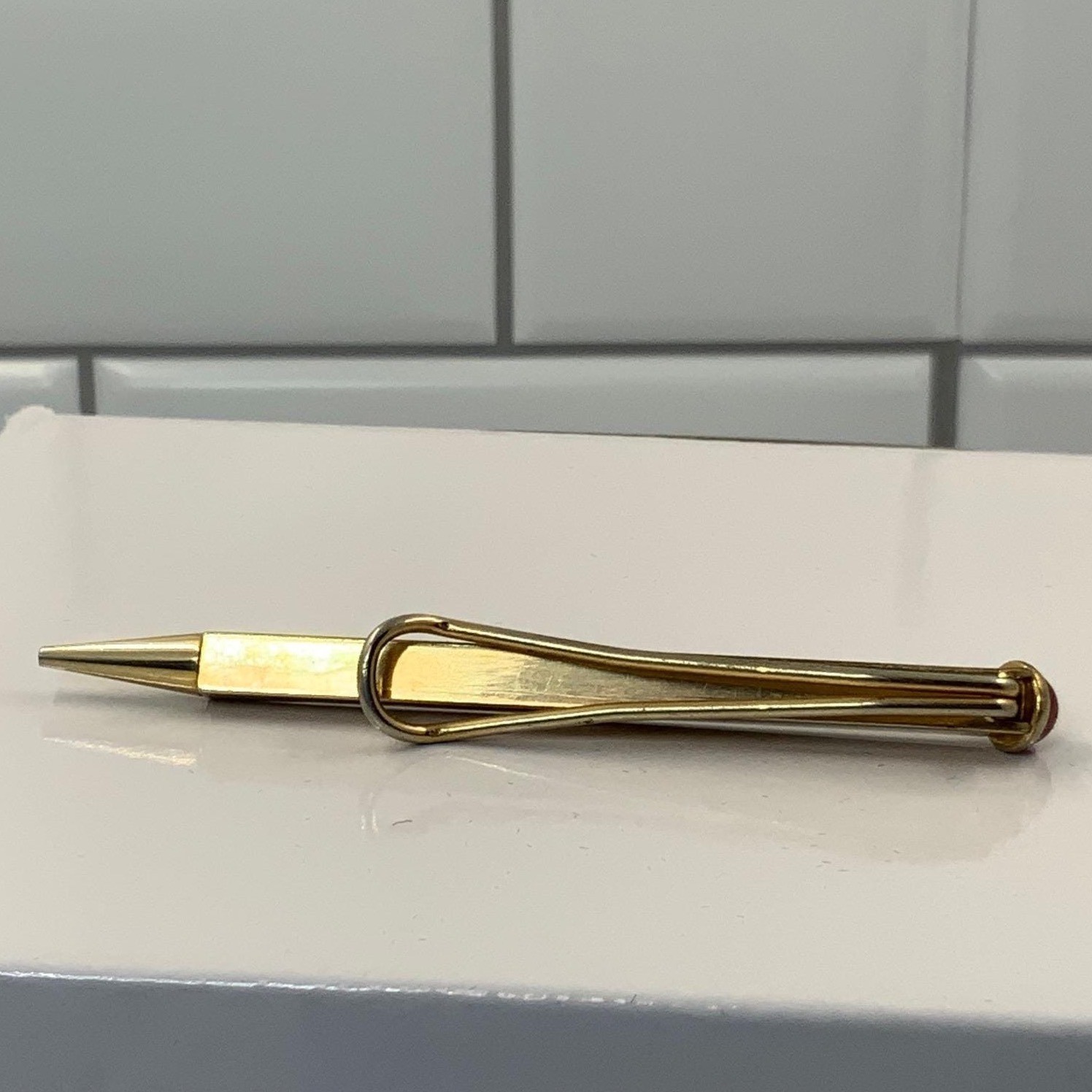 Vintage Hexagonal Tie Clip Mechanical Pencil Gold Tone Red Jewel 2.75in