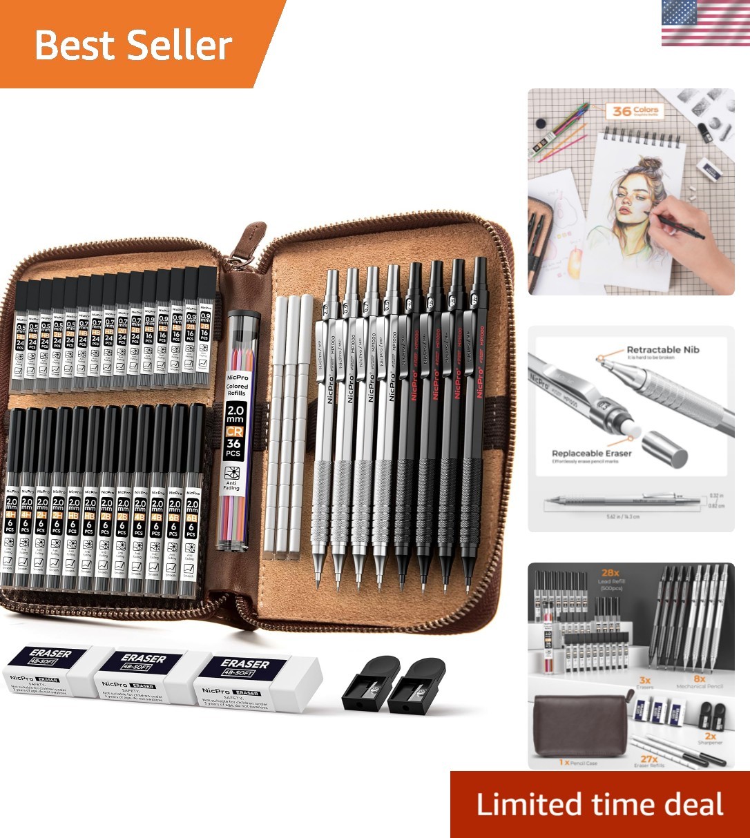 45PC Black & Silver Mechanical Pencil Set in Luxury Leather Case – Sketch wit…