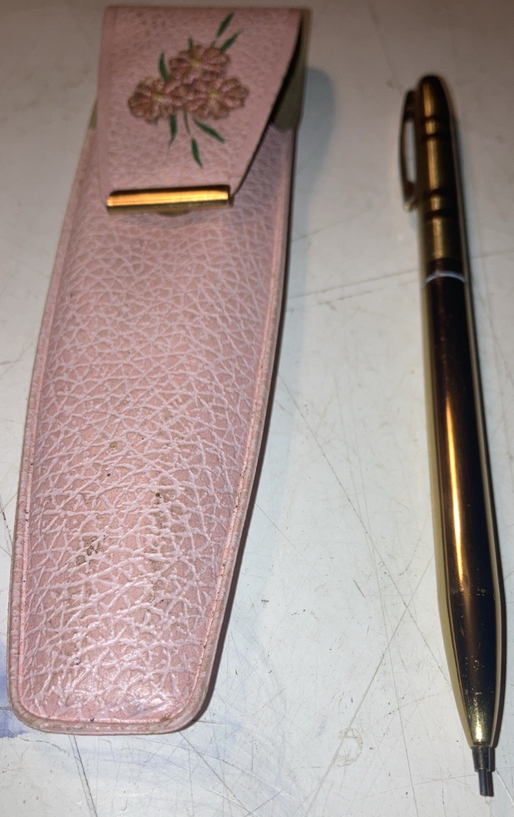 Vintage Gold Plated Mechanical Pencil Stamped Mascot USA (WORKS w/LEAD) & Sheath