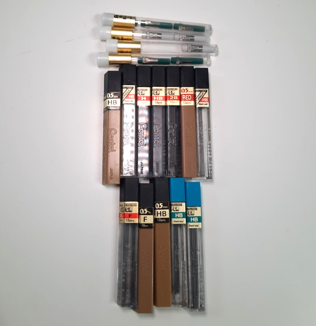 Vintage Pentel 0.5mm Lead & Eraser Lot HB 2B F H Red Super Japan