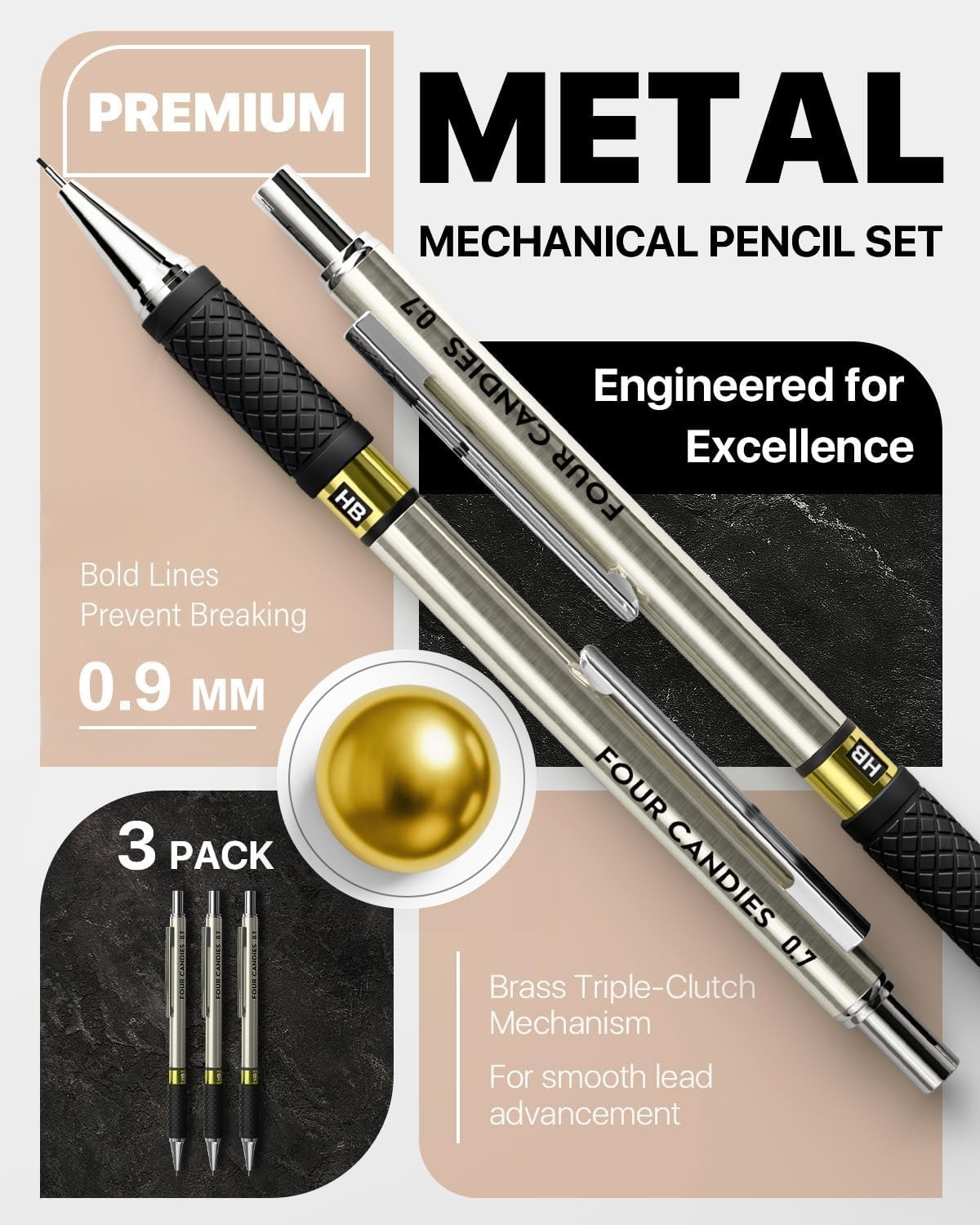 Metal Mechanical Pencil Set – 3PCS 0.9Mm Art Mechanical Pencils & 360PCS HB Lead