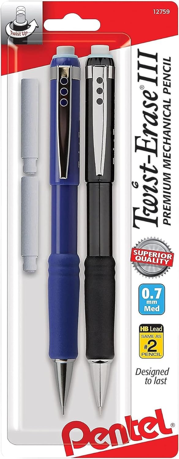 Twist-Erase III 0.7mm Pencils – Ergonomic Grip & 2 Refills for Precision Writing
