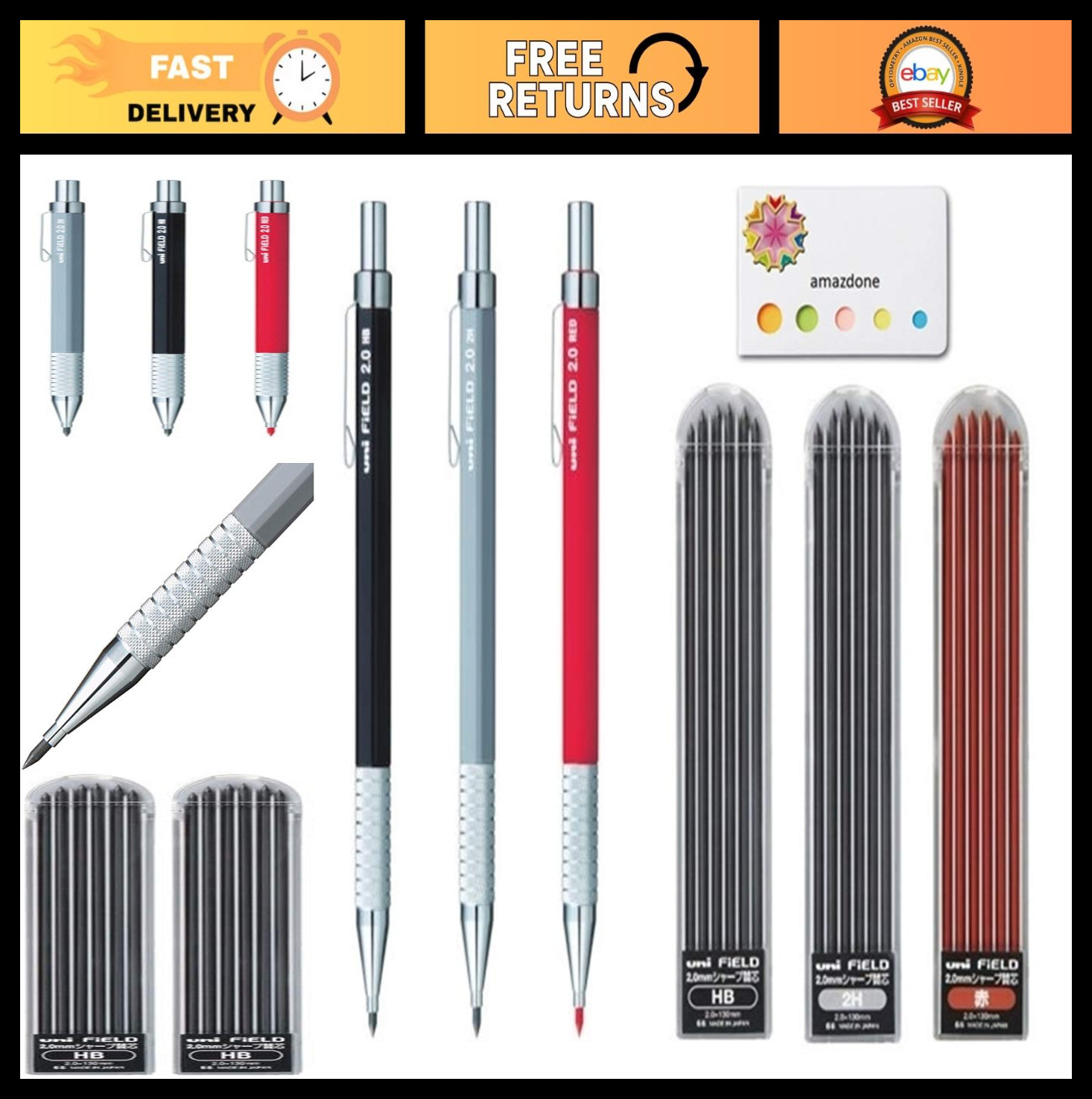 2.0mm Mechanical Pencil Set (HB, 2H, Red) + 3 Replacement Leads & Sticky Notes